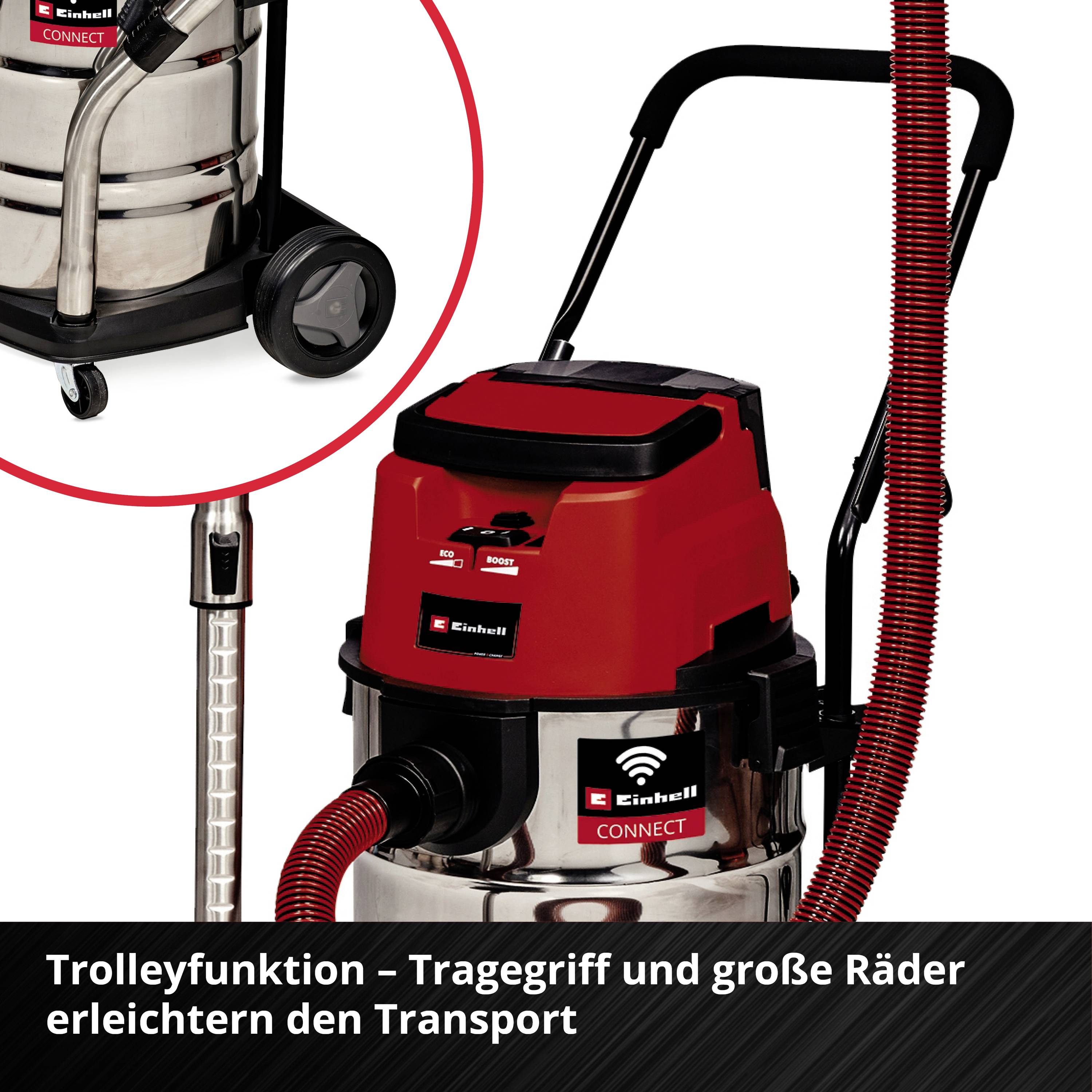 Einhell Staubsauger mit großen Rädern und Tragegriff zur einfachen Bewegung. Text: Trolleyfunktion – Tragegriff und große Räder erleichtern den Transport.