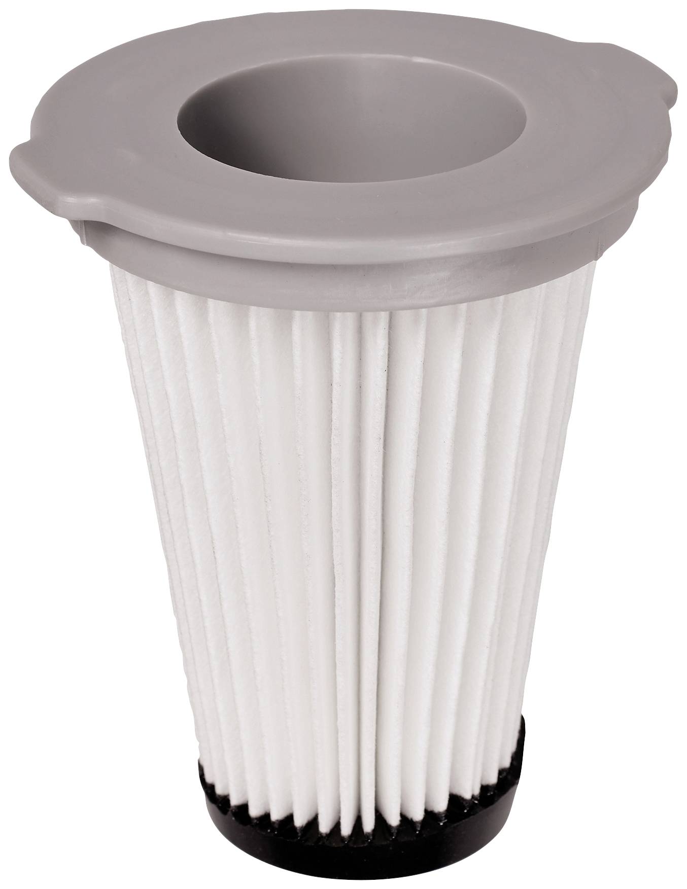 Ein zylindrischer Luftfilter mit weißen Falten und grauer Kappe, typische Bauform für Staubsauger oder Luftreiniger.