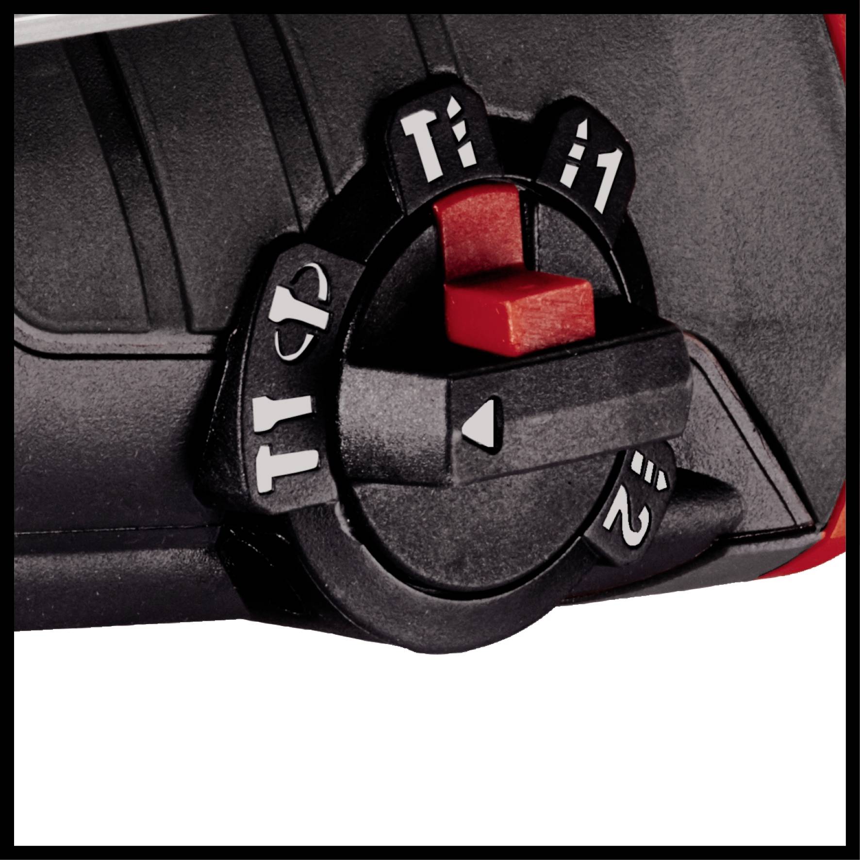 Ein schwarzes Einstellrad mit roten und weißen Markierungen zeigt Verschiedene Bohr- und Schraubmodi an einer elektrischen Handbohrmaschine.