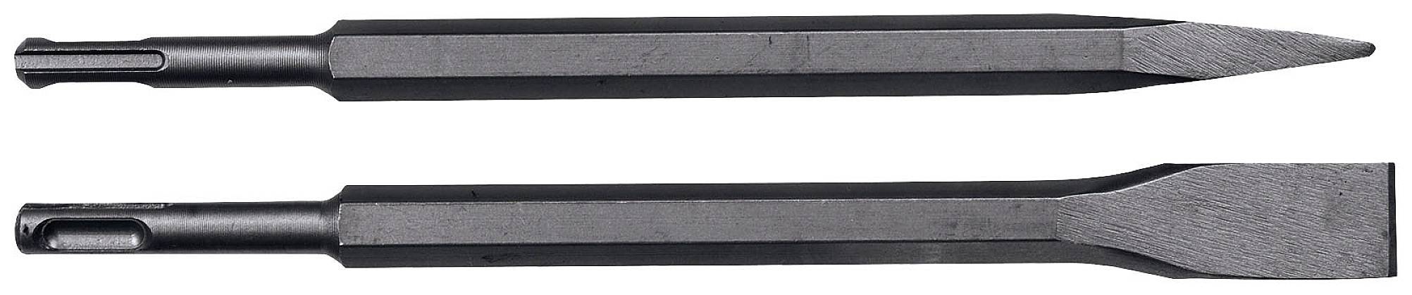 Zwei Meißelspitzen aus schwarzem Metall. Oben eine Spitzmeißel, unten ein Flachmeißel, beide mit SDS-Aufnahme zur Verwendung mit Bohrhämmern.