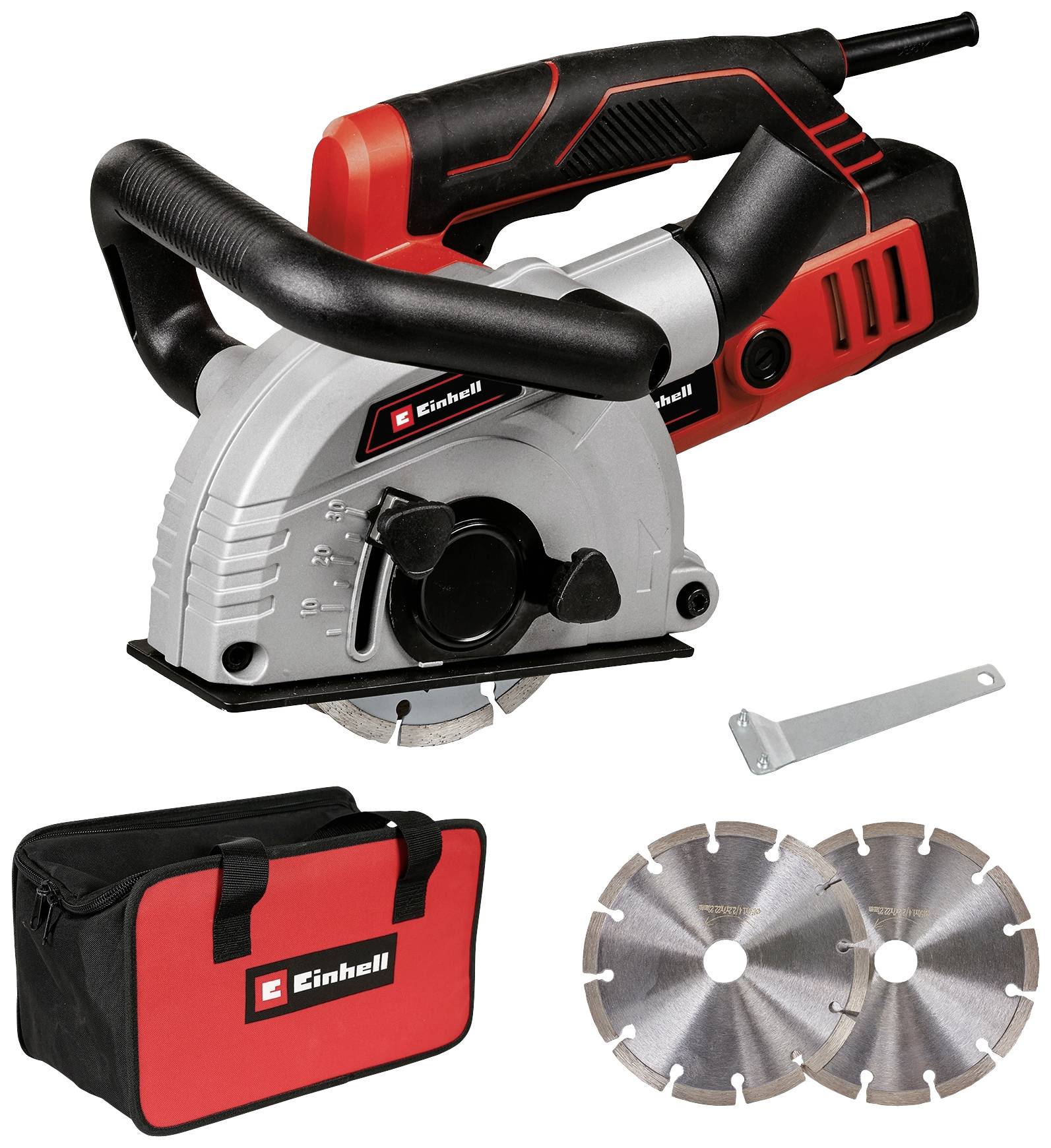 Einhell Mauernutfräse, rotes und graues Design, inklusive Tasche, zwei Ersatztrennscheiben und Werkzeug.