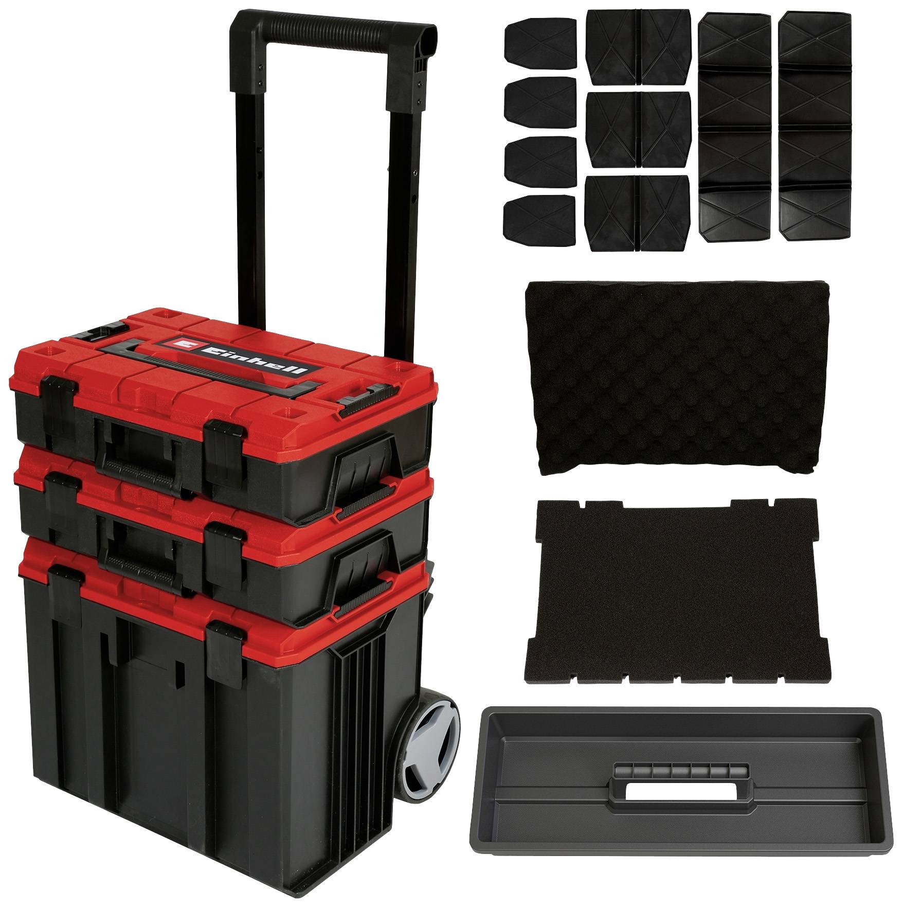 Werkzeugkoffer-Set mit Trolley-Griff und Rädern, bestehend aus drei stapelbaren Boxen in schwarzer und roter Farbe. Zubehörteile neben den Koffern.