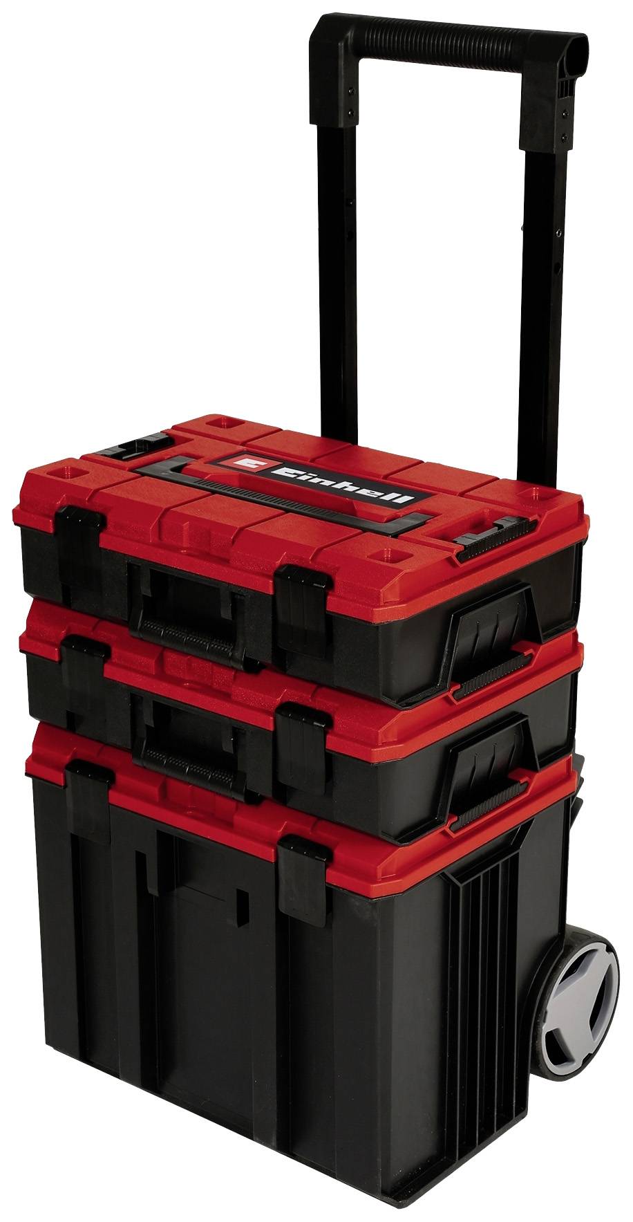Mobiler Werkstattwagen mit drei stapelbaren, roten und schwarzen Aufbewahrungsboxen auf Rädern, ideal zum Transport von Werkzeugen.