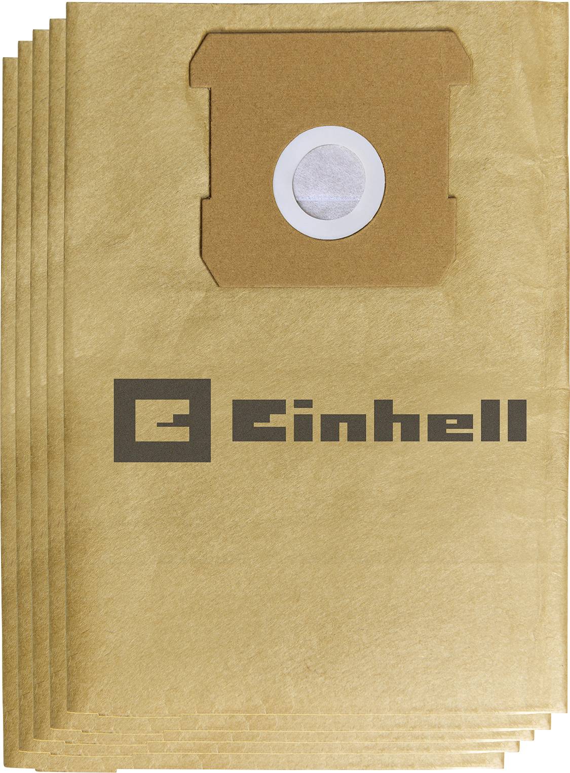 Ein Stapel brauner Staubsaugerbeutel mit dem aufgedruckten 'Einhell' Logo, der eine kreisförmige Öffnung an der Oberseite zum Anbringen aufweist.
