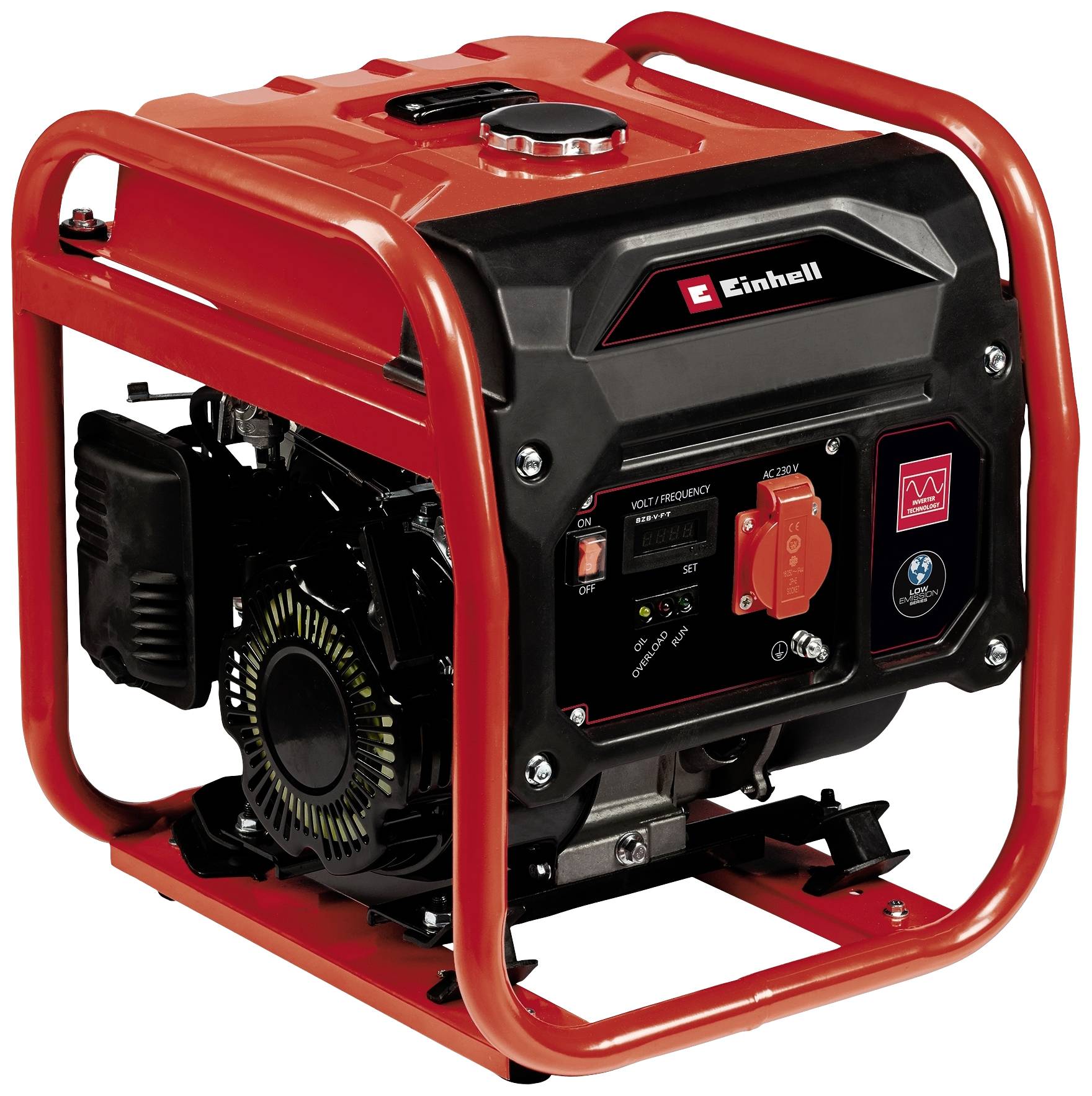 Ein tragbarer, roter Stromgenerator mit schwarzem Bedienfeld, Schutzrahmen, mehreren Schaltern und Steckern zur Notstromversorgung.