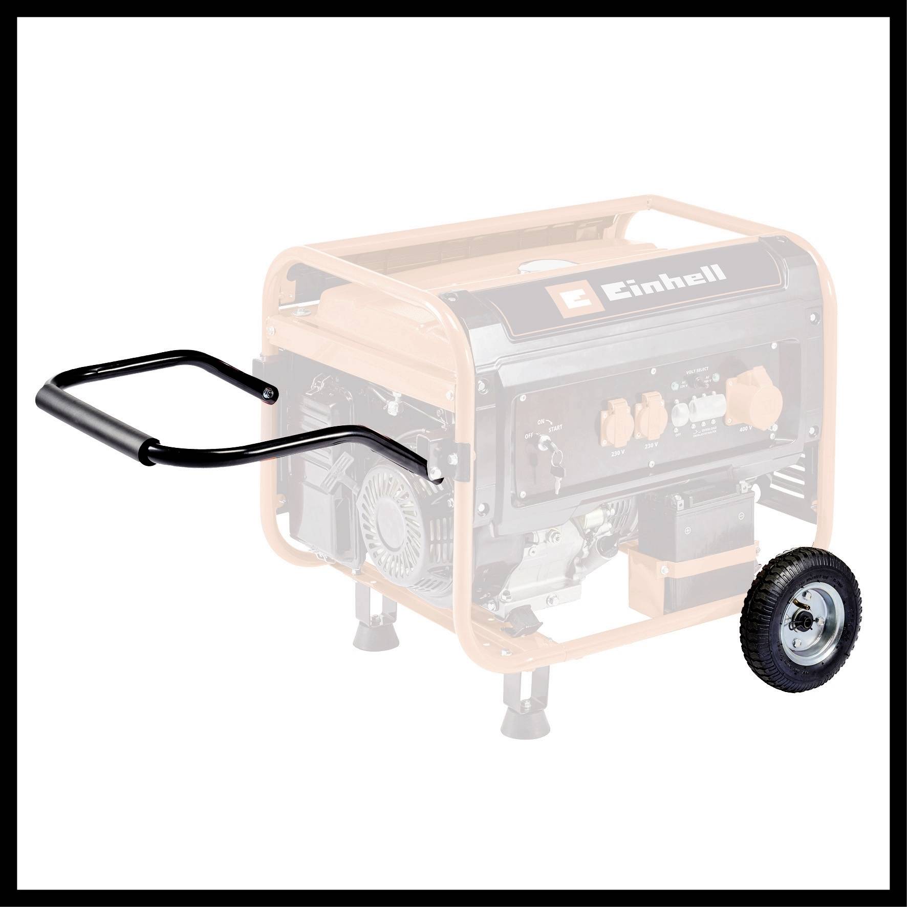 Ein transportables Generator-Tragegestell mit Griff und einem Rad, das die Mobilität und einfache Handhabung des Generators ermöglicht.