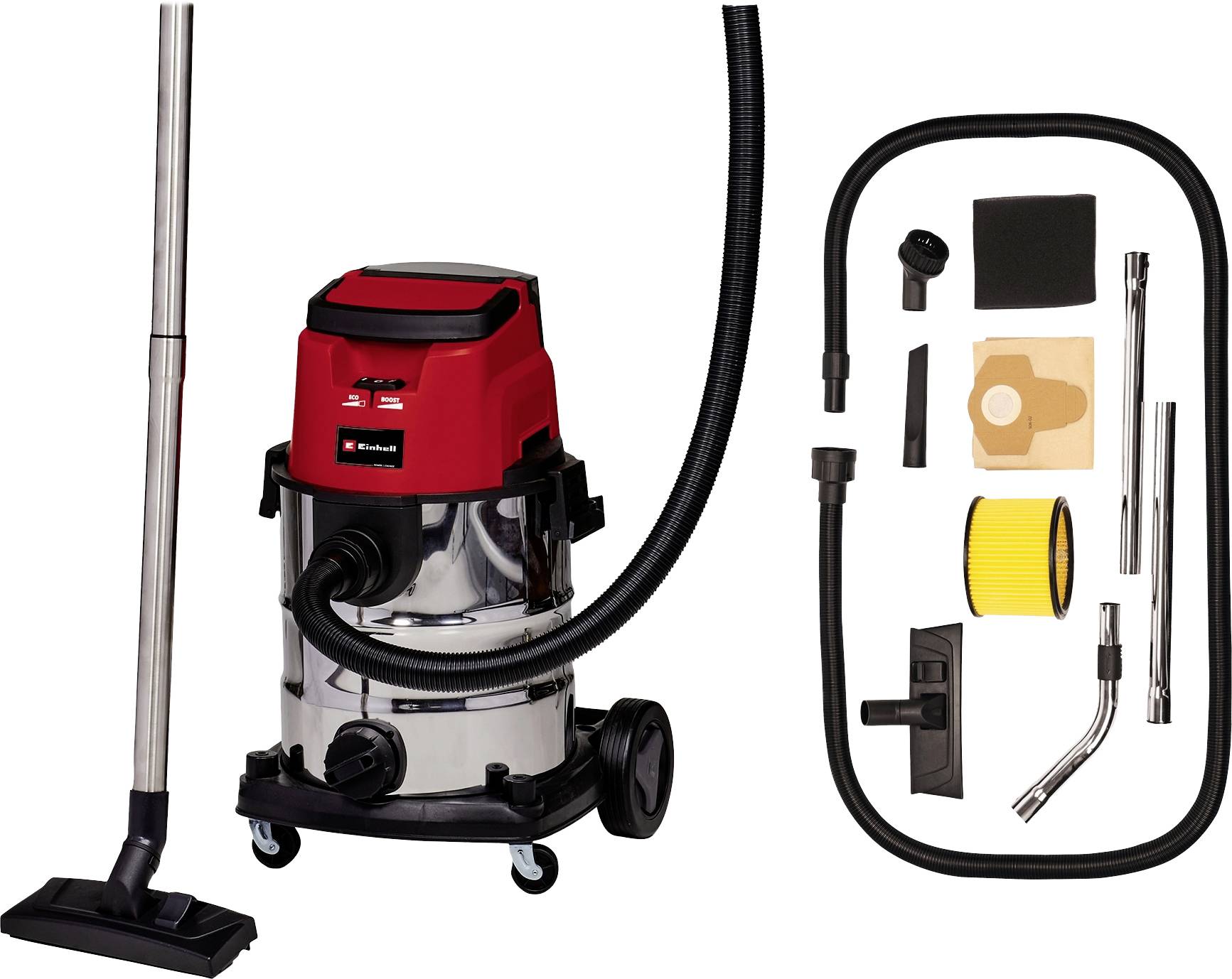 Industriesauger mit rotem und silbernem Korpus, schwarzen Rädern und Zubehörset, bestehend aus Schlauch, Filter und verschiedenen Düsen.