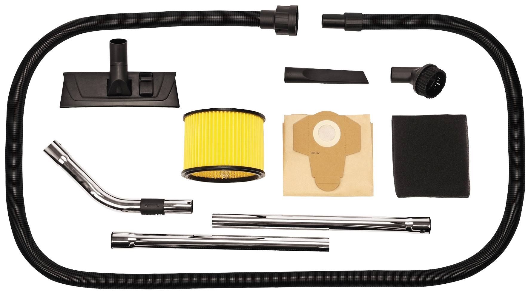 Staubsaugerzubehör-Set mit Schlauch, Düsen, Metallrohren, Filter und Beuteln. Verschiedene Komponenten für Reinigungszwecke.