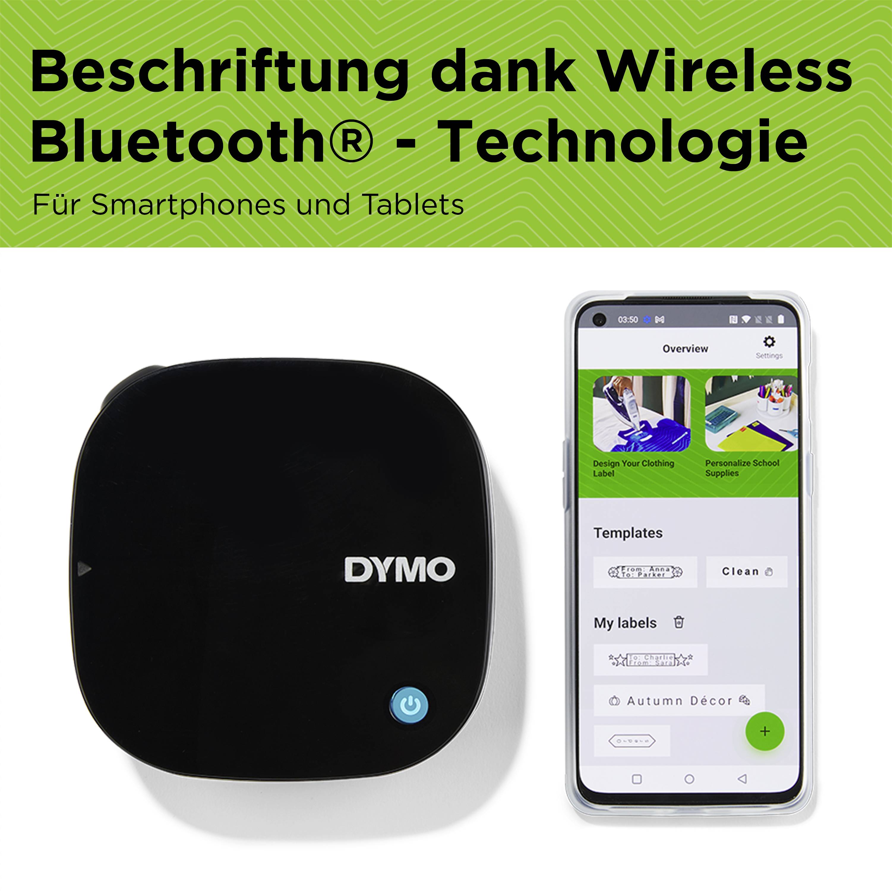 Drahtloser Etikettendrucker mit Smartphone-App auf grünem Hintergrund. Text: 'Beschriftung dank Wireless Bluetooth-Technologie. Für Smartphones und Tablets.'