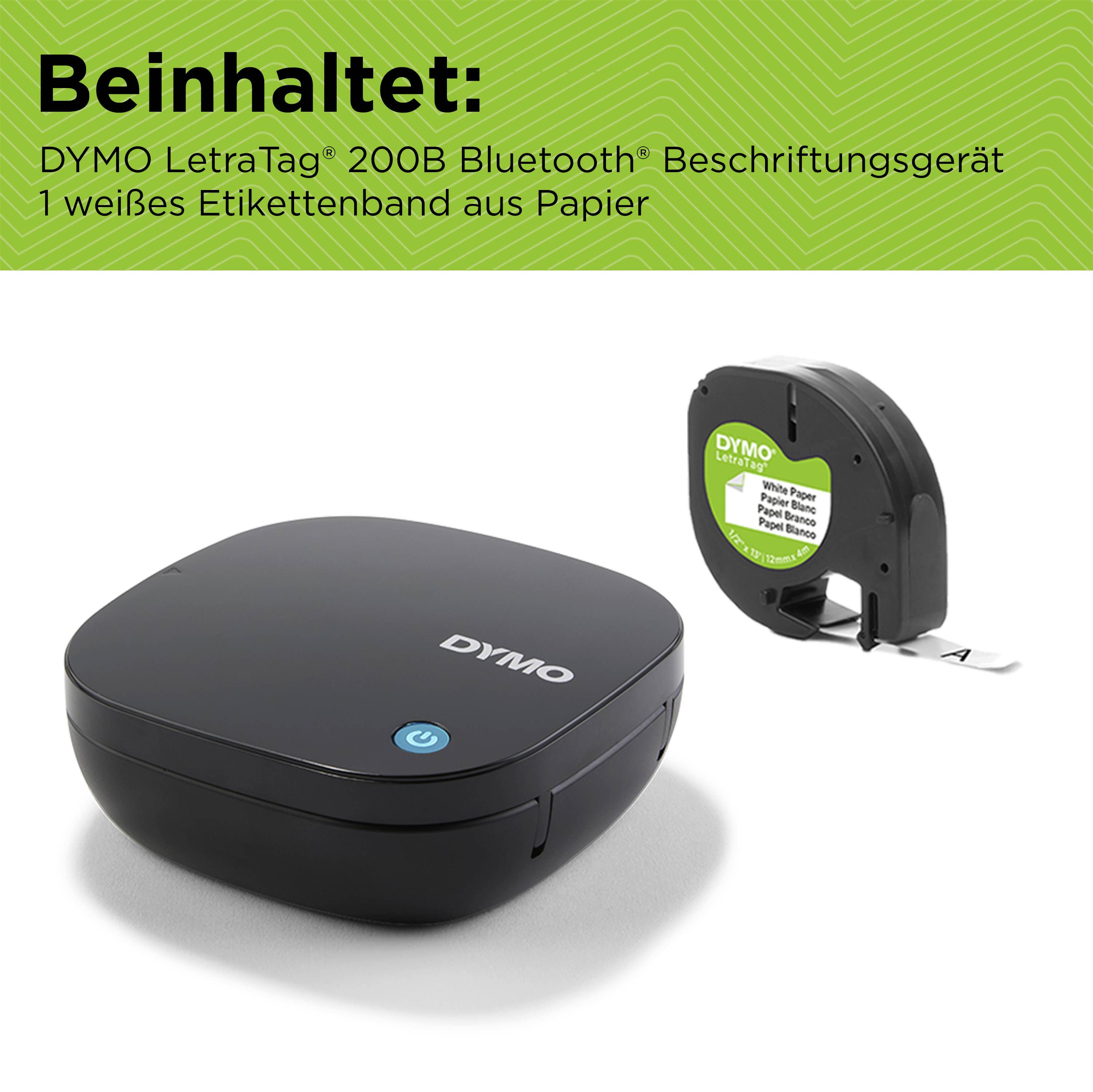 Beinhaltet: DYMO LetraTag 200B Bluetooth Beschriftungsgerät und 1 weißes Papier-Etikettenband.