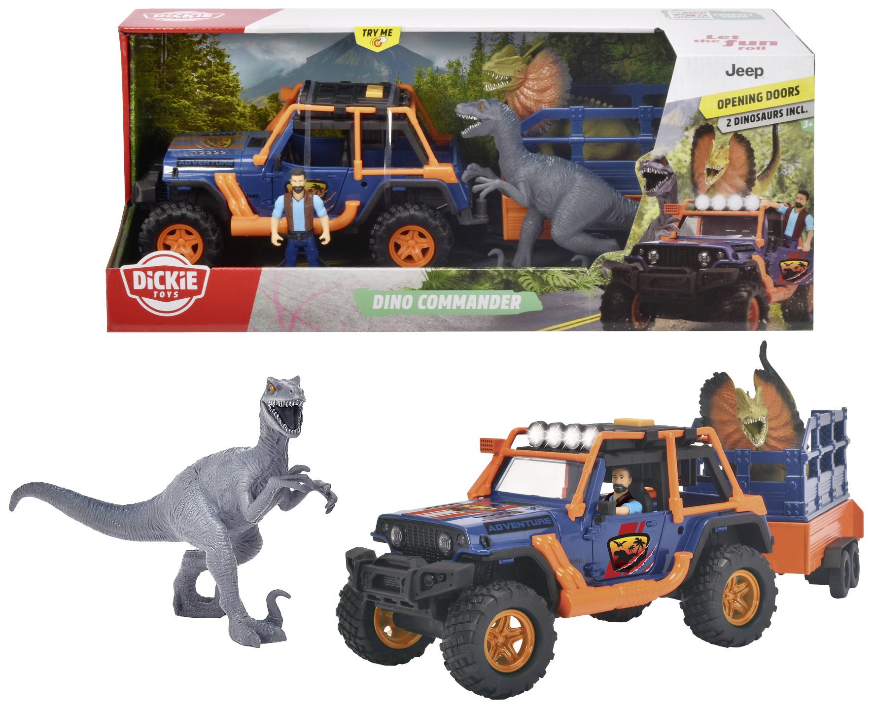 Spielzeug-Set 'Dino Commander': Enthält Jeep mit Abenteuerfigur und zwei Dinosauriern. Jeep hat orange-blaue Farben, öffnende Türen.