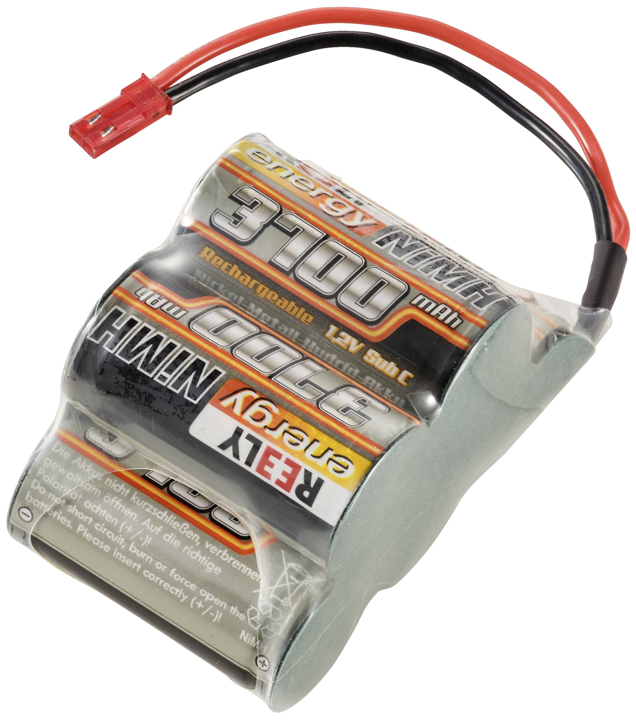 Ein wiederaufladbarer NiMH-Akkupack, 12V, mit einer Kapazität von 3700 mAh. Rot-schwarze Drähte mit einem roten Stecker.