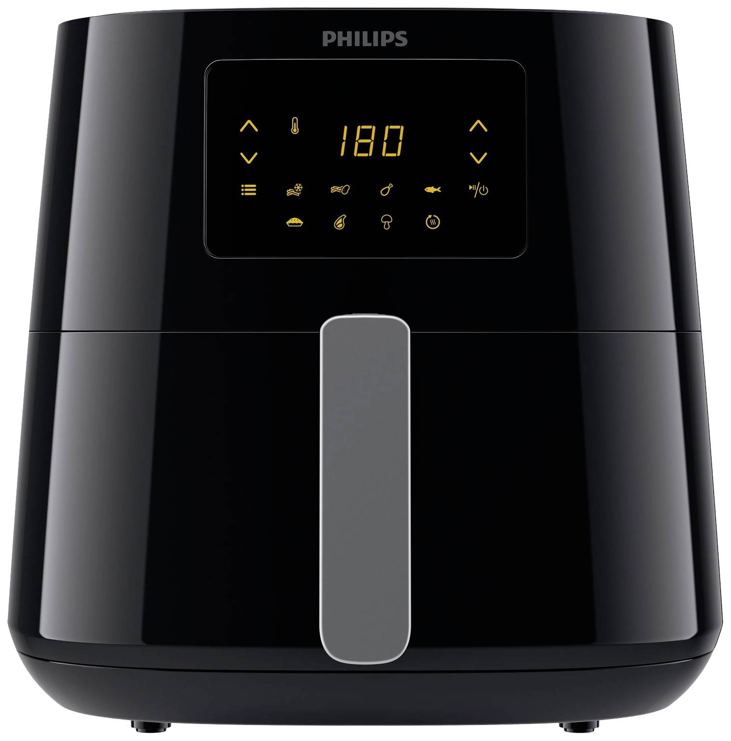 Ein schwarzer Philips Airfryer mit digitalem Bedienfeld, Temperaturanzeige und Symbolen zur Steuerung der Garfunktionen.