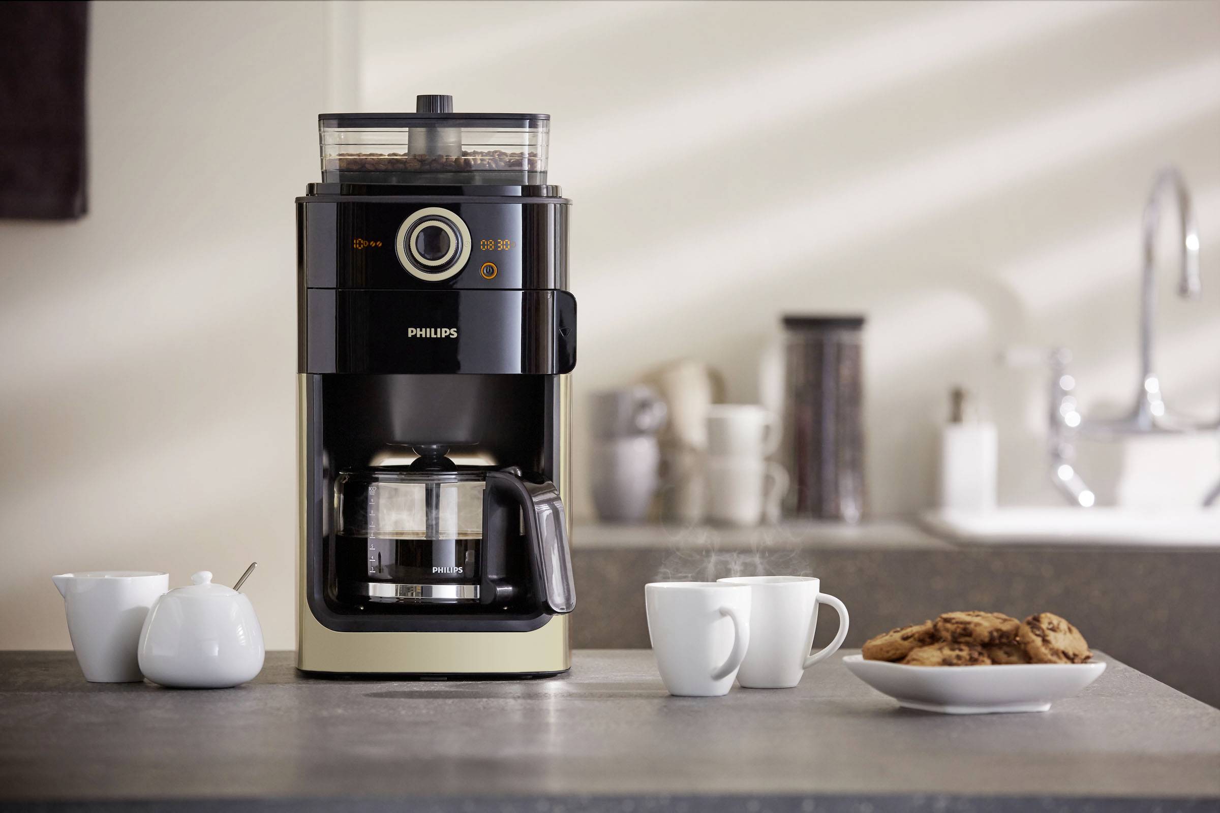 Philips Grind & Brew HD7768/90 Kaffeemaschine Champagner Fassungsvermögen Tassen=12 mit Mahlwerk, Timerfunktion, Glaskanne