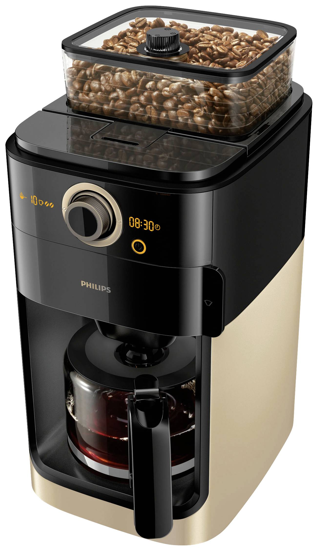 Philips Home Grind & Brew HD7768/90 Kaffeemaschine Champagner Fassungsvermögen Tassen=12 mit Mahlwerk, Timerfunktion, Glaskanne