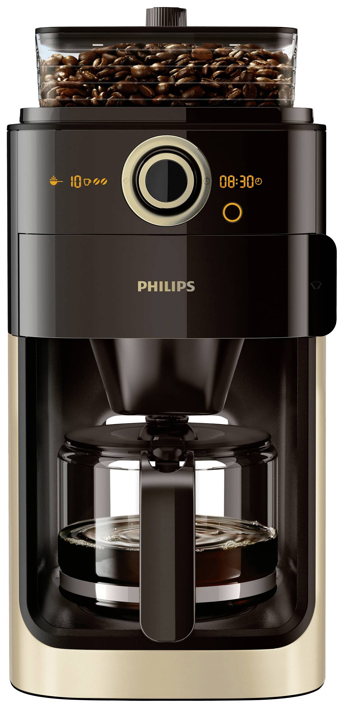 Philips Grind & Brew HD7768/90 Kaffeemaschine Champagner Fassungsvermögen Tassen=12 mit Mahlwerk, Timerfunktion, Glaskanne