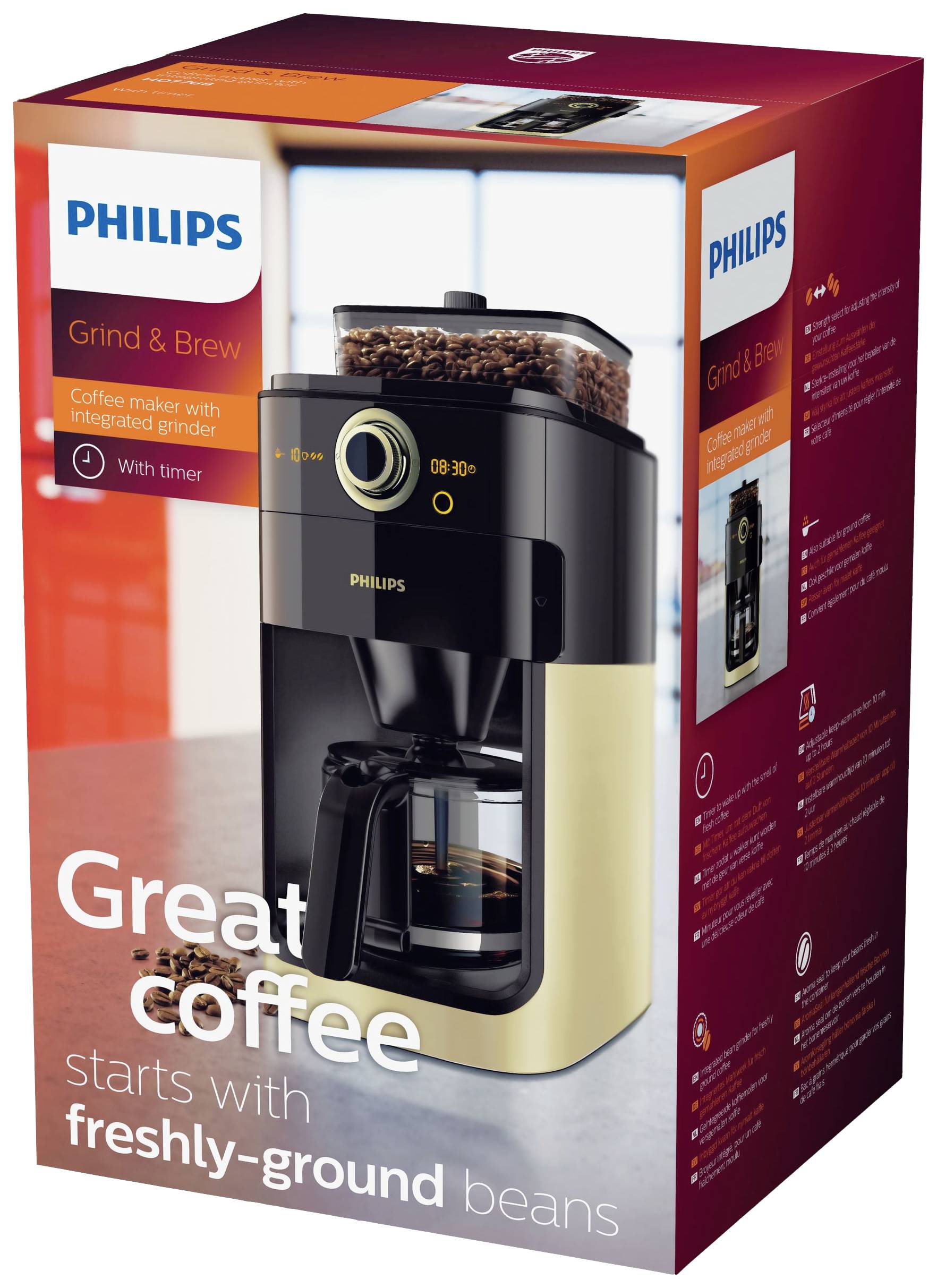 Philips Home Grind & Brew HD7768/90 Kaffeemaschine Champagner Fassungsvermögen Tassen=12 mit Mahlwerk, Timerfunktion, Glaskanne