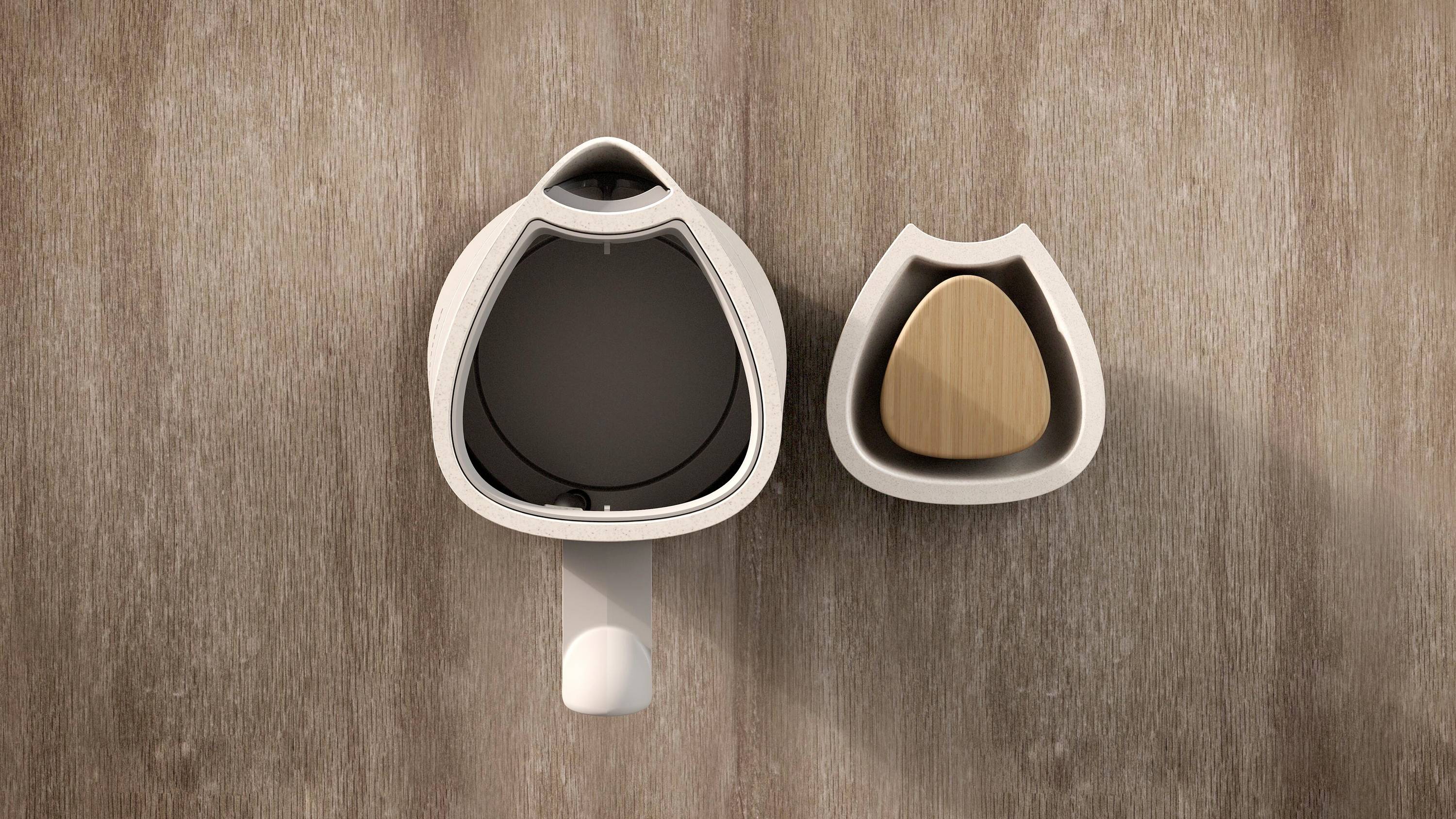 Eine moderne, minimalistische Wanduhr in Beige mit Holzzeiger, daneben ein passender kleinerer Behälter an einer Holzwand.