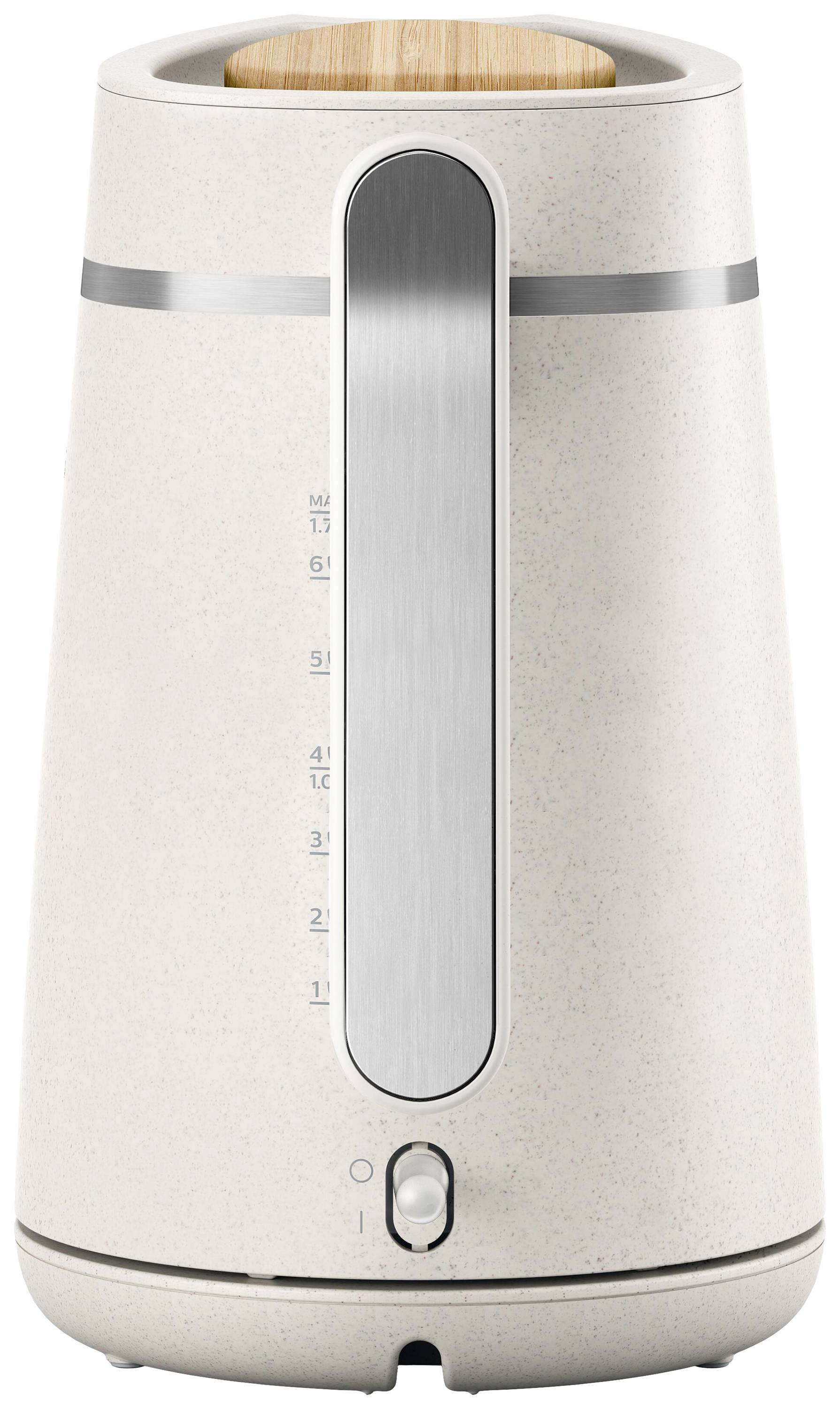 Ein elektrischer Wasserkocher aus hellbeigem Material mit Edelstahlakzenten und Wasserstandsanzeige.