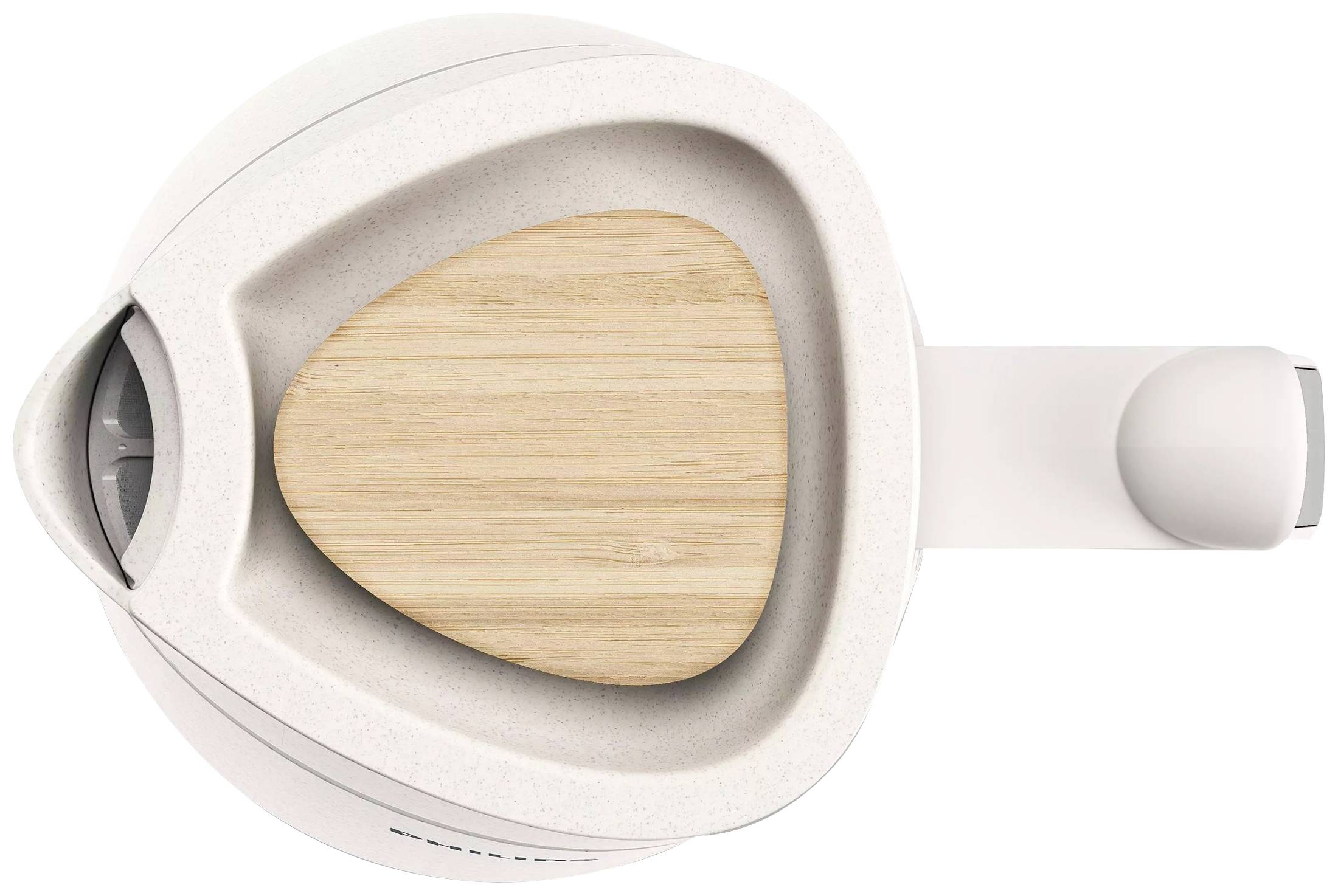 Weißer Wasserkocher mit Holzdeckel, Ansicht von oben. Moderner, minimalistischer Stil.