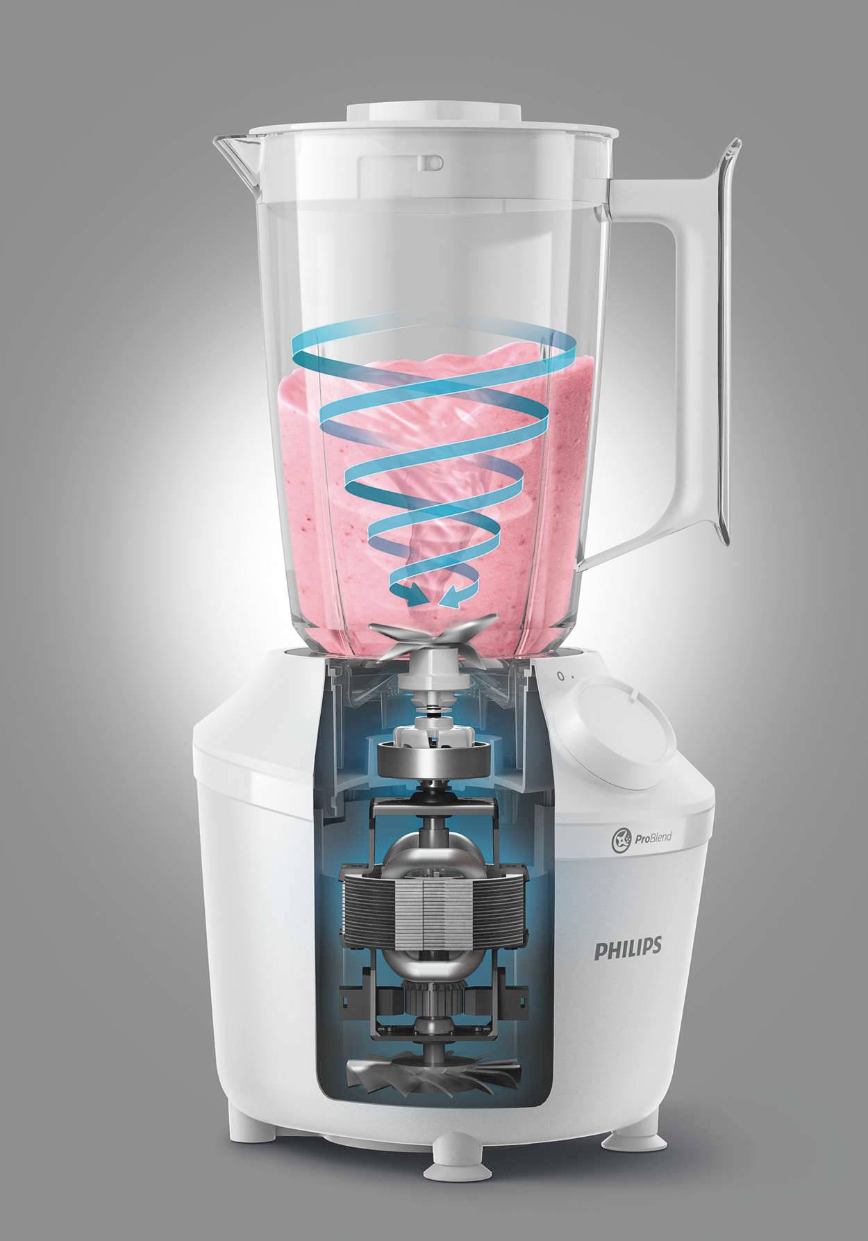 Ein Mixer mit transparentem Behälter ist halb gefüllt mit pinkem Smoothie. Eine spiralförmige Linie zeigt den Mixprozess.
