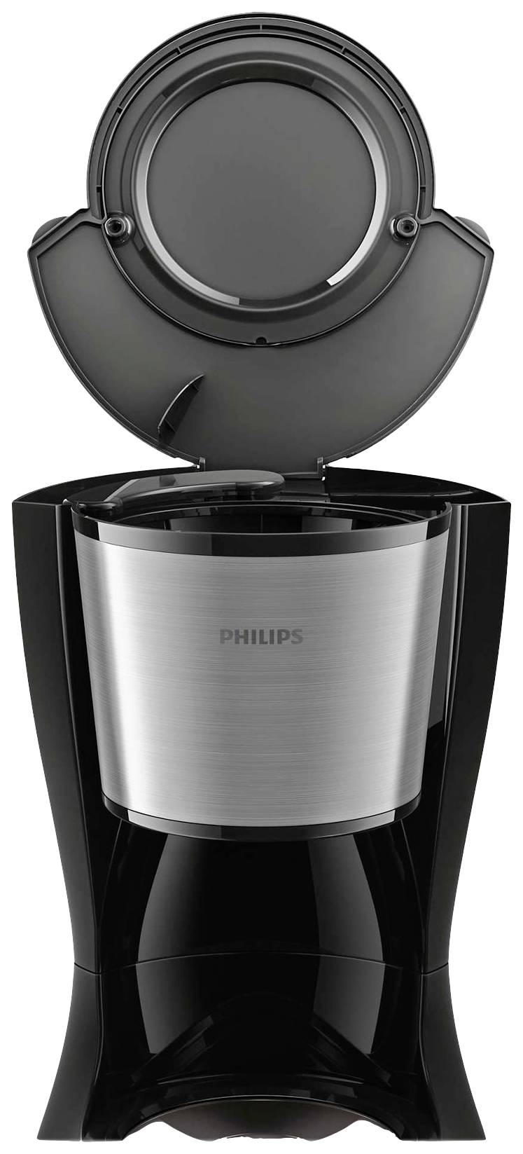 Kaffeemaschine in schwarz-silbernem Design mit offenem Deckel, zeigt Innenansicht.