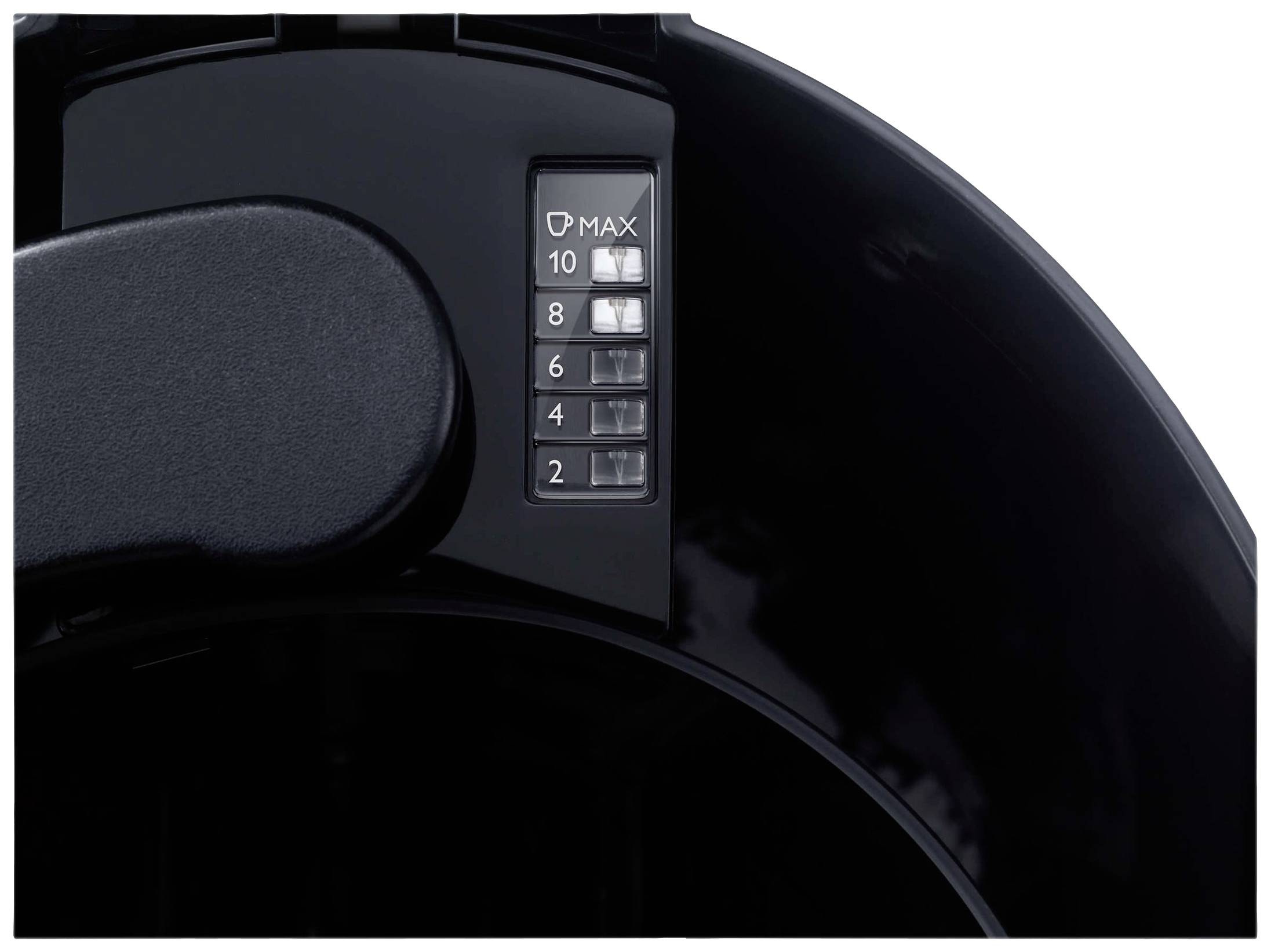 Nahaufnahme einer schwarzen Fritteuse mit einem sichtbaren Füllstandsanzeiger. Die Skala ist von 2 bis 10 nummeriert, MAX ist hervorgehoben.
