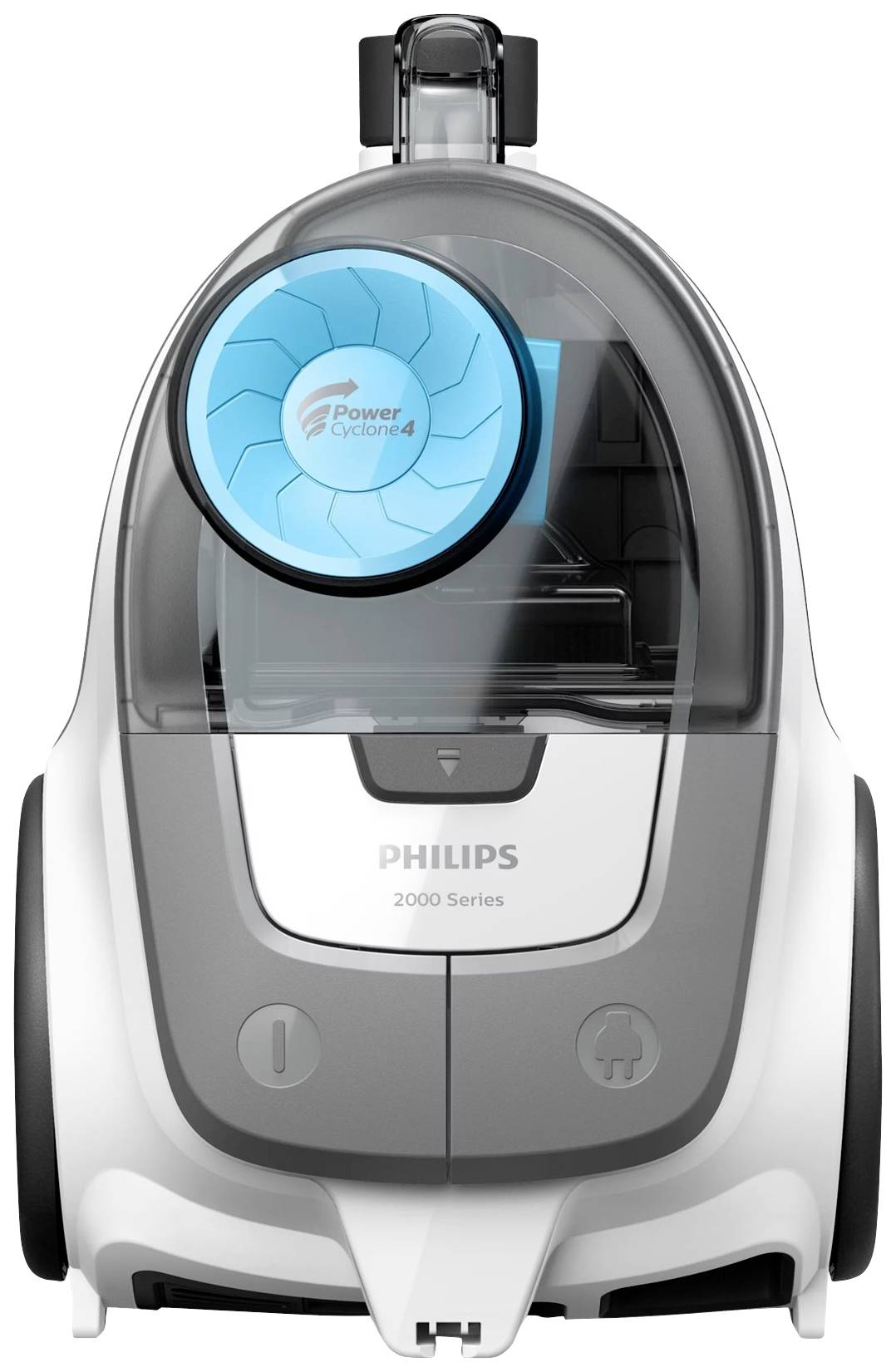 Staubsauger aus der Philips 2000 Serie mit transparentem Behälter und blauer 'PowerCyclone 4'-Technologie.