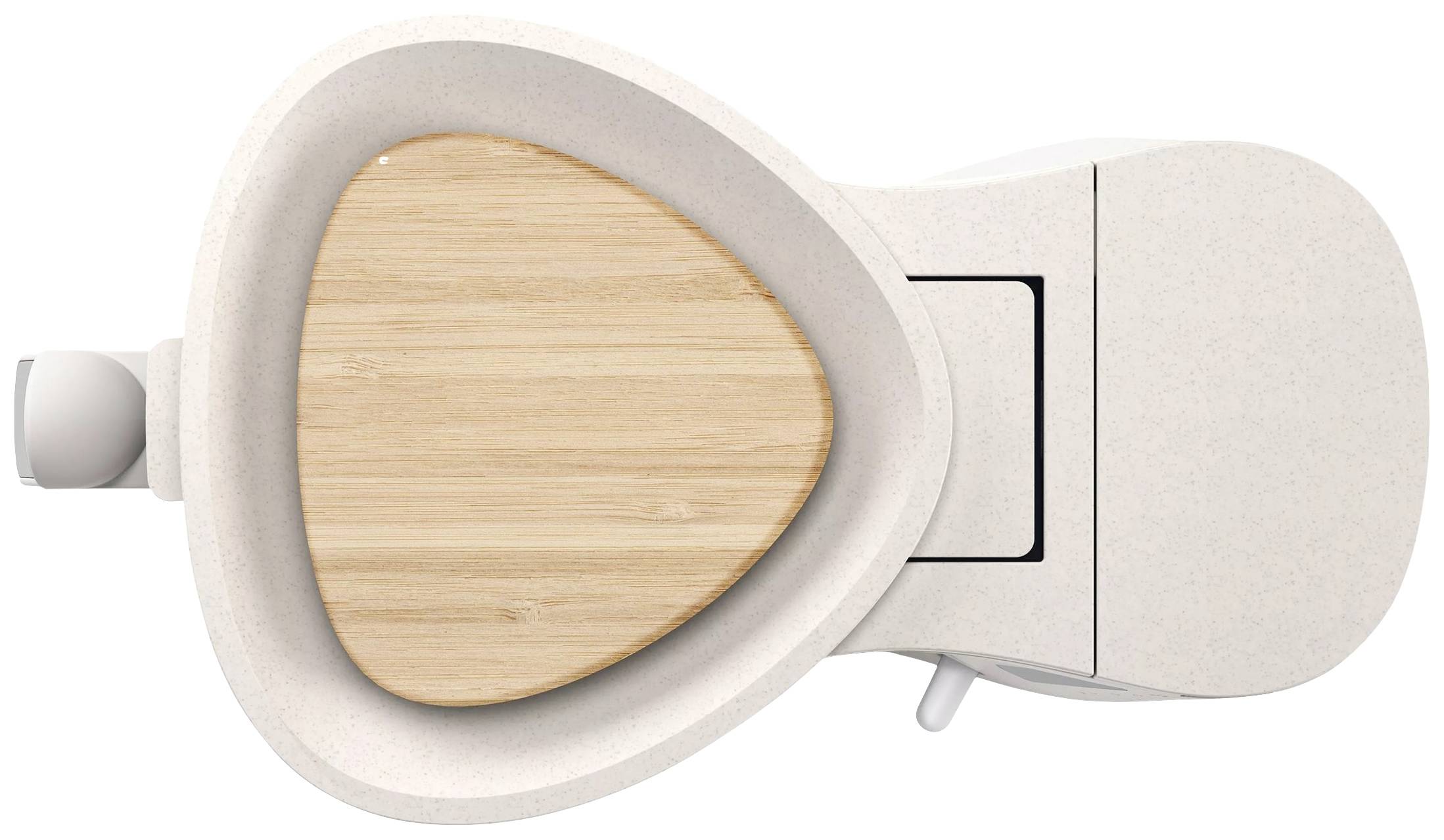 Eine moderne, dreieckige Toilettenschüssel mit einem Holzeinsatz auf der Sitzfläche, aus einer Draufsicht.