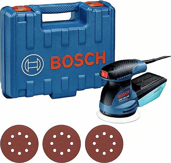 Ein blauer Bosch-Handschleifer mit Netzkabel, drei Schleifscheiben und ein Kunststoffkoffer mit dem Bosch-Logo darauf.