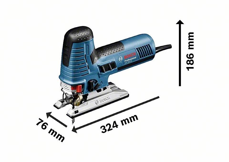 Elektrische Stichsäge in Blau mit den Maßen: 324 mm Länge, 76 mm Breite, 186 mm Höhe.