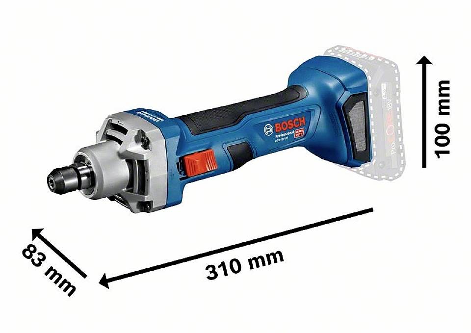 Kabelloser Winkelschleifer von Bosch mit blauer Hülle, 310 mm Länge, 100 mm Höhe und 83 mm Breite, mit sichtbarem Batteriesteckplatz.