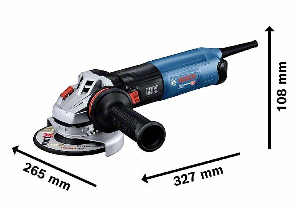 Winkelschleifer Bosch GWS 880 mit Maßen: Länge 327 mm, Breite 108 mm, Scheibendurchmesser 265 mm. Gerät liegt seitlich.