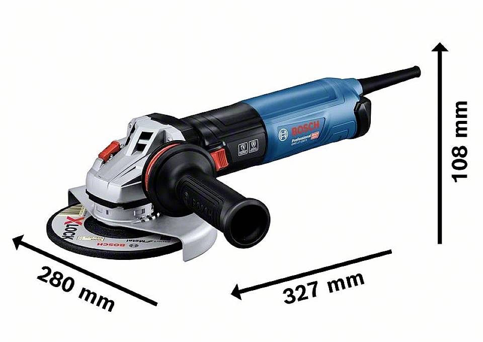 Winkelschleifer mit blauem Griff, 280 mm Scheibendurchmesser, 327 mm Länge und 108 mm Höhe. Markenschriftzug auf der Seite.