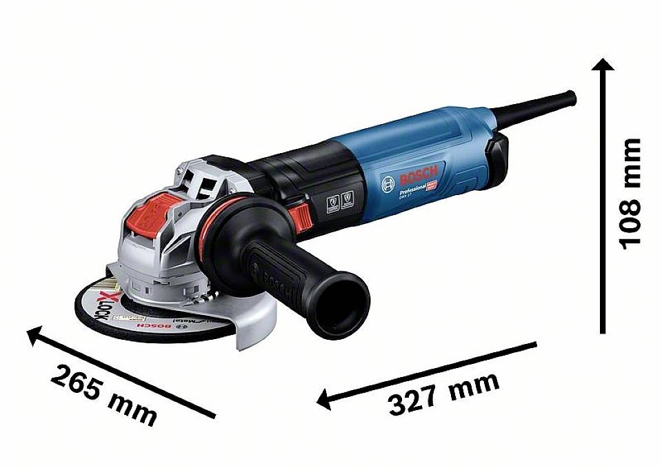 Eine blaue Bosch-Winkelschleifmaschine mit den Maßen: Länge 327 mm, Höhe 108 mm, Scheibendurchmesser 265 mm.
