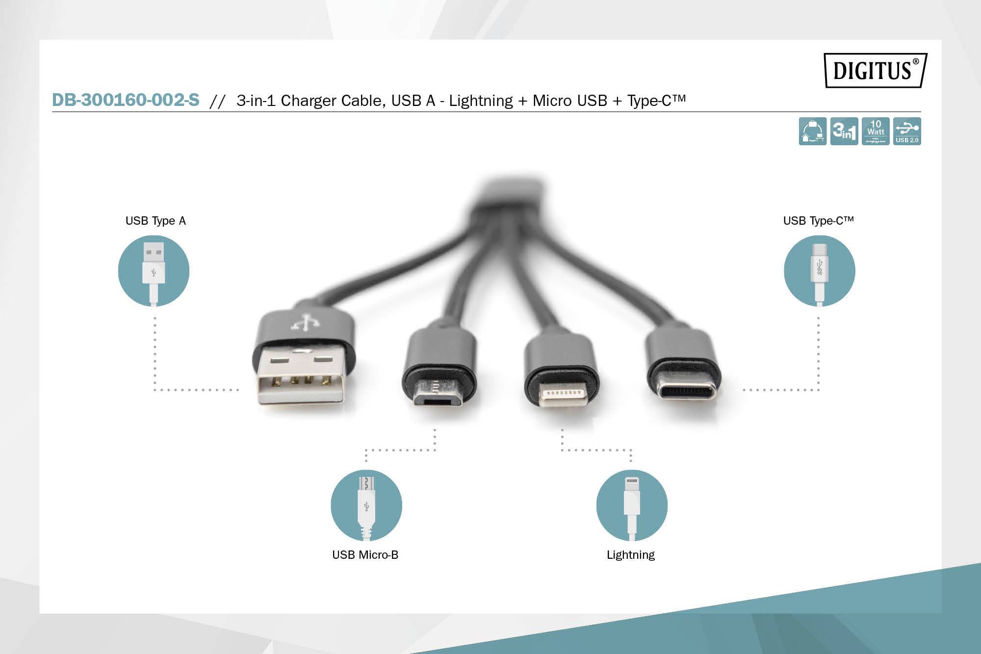 'DB-300160-002-S 3-in-1 Ladekabel: USB A, Lightning, Micro USB, Type-C' zeigt die vier Anschlüsse eines Mehrfach-Ladekabels.