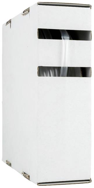 Eine weiße, stehende Kartonverpackung mit seitlichen Öffnungen, erkennbar sind darin aufgerollte flexible Schläuche.