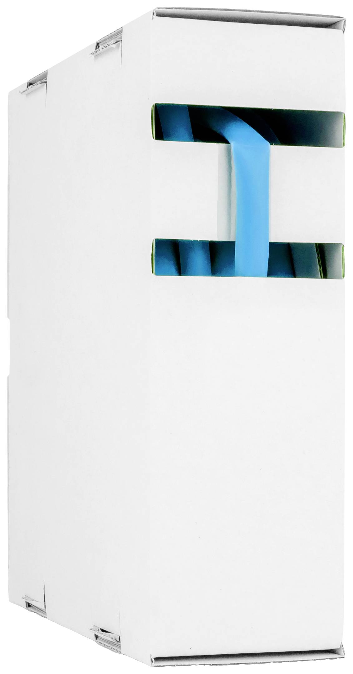 Weiße Kabelbox mit blauen Netzwerkkabeln, die oben und an der Seite herausragen.