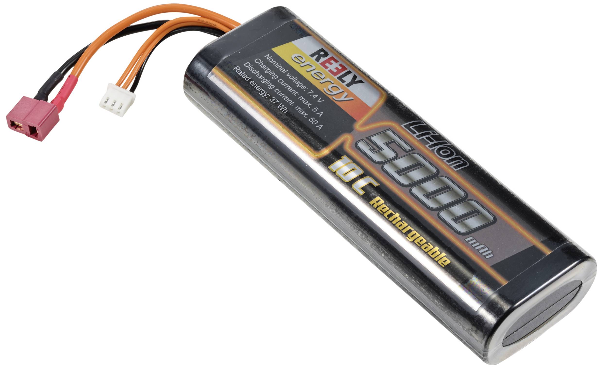 'Li-Ion 5000mAh Akku mit hoher Entladerate' für RC-Modelle, zeigt Anschlüsse.