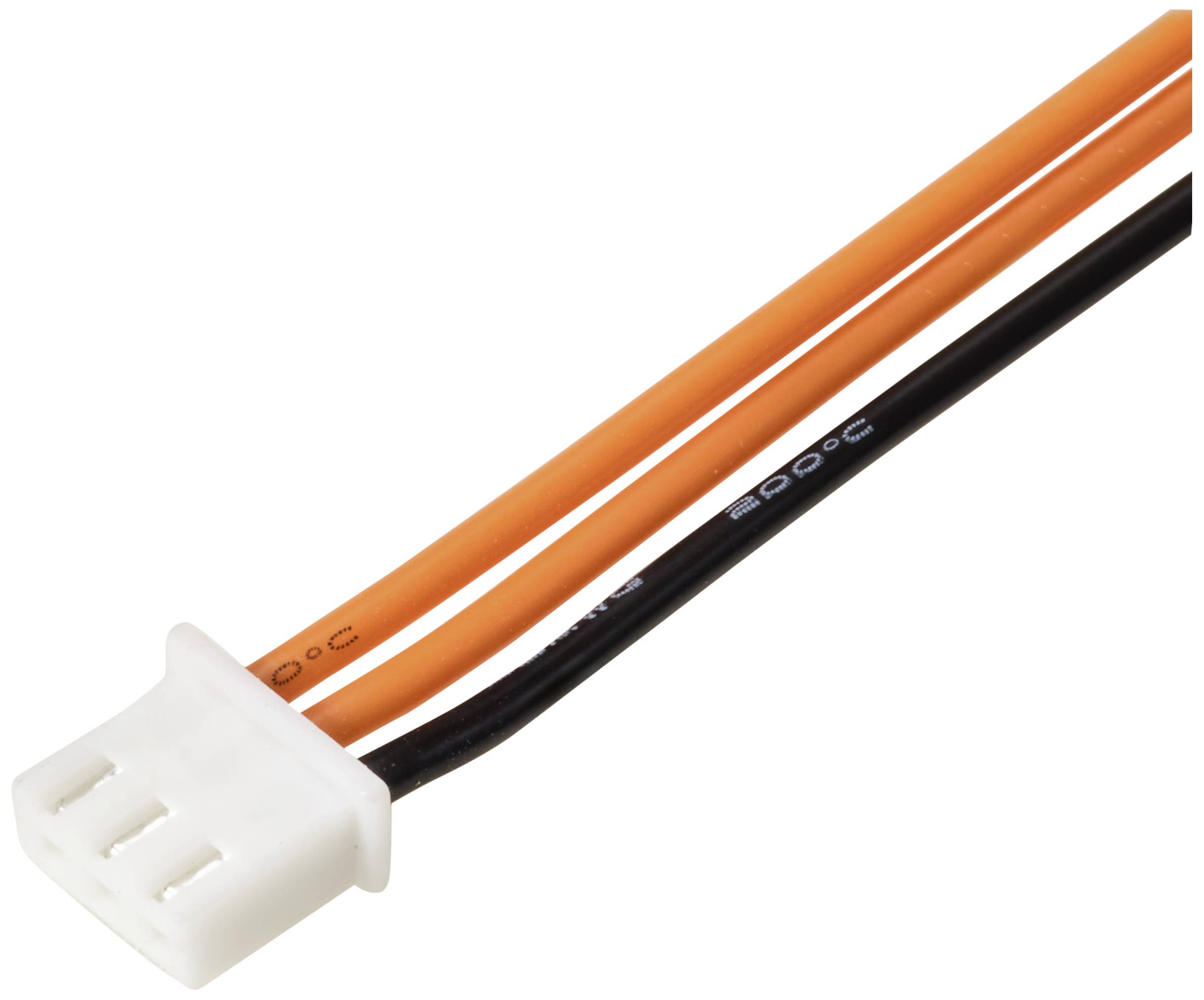 Nahaufnahme eines weißen dreipoligen Steckers mit zwei orangenen und einem schwarzen Kabel, geeignet für elektronische Anschlüsse.