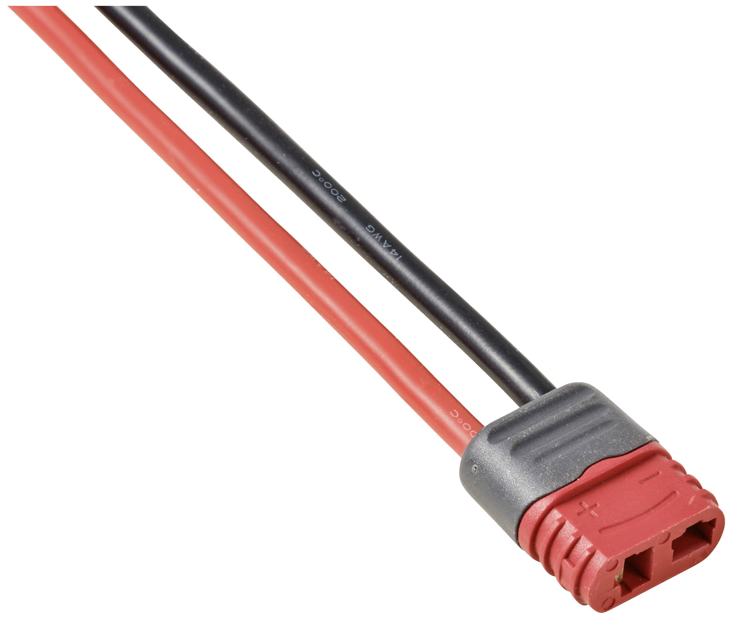 Ein rot-schwarzes Elektrokabel mit einem grauen, rechteckigen Anschluss zeigt die Seite, an der die Kabel in den Anschluss eingeführt werden.