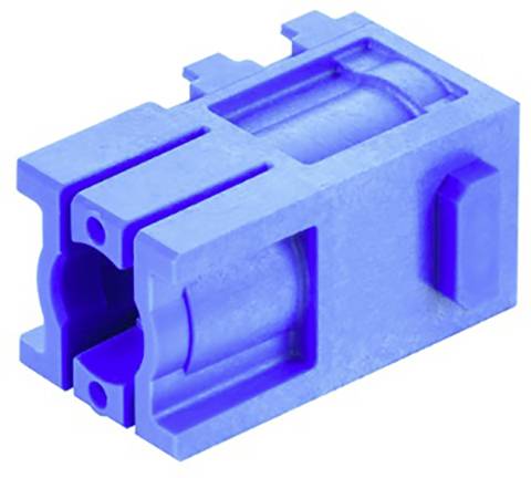 Blauer, rechteckiger Plastikverbinder mit zwei Steckplätzen, geeignet für elektronische Geräte oder Verkabelungen.