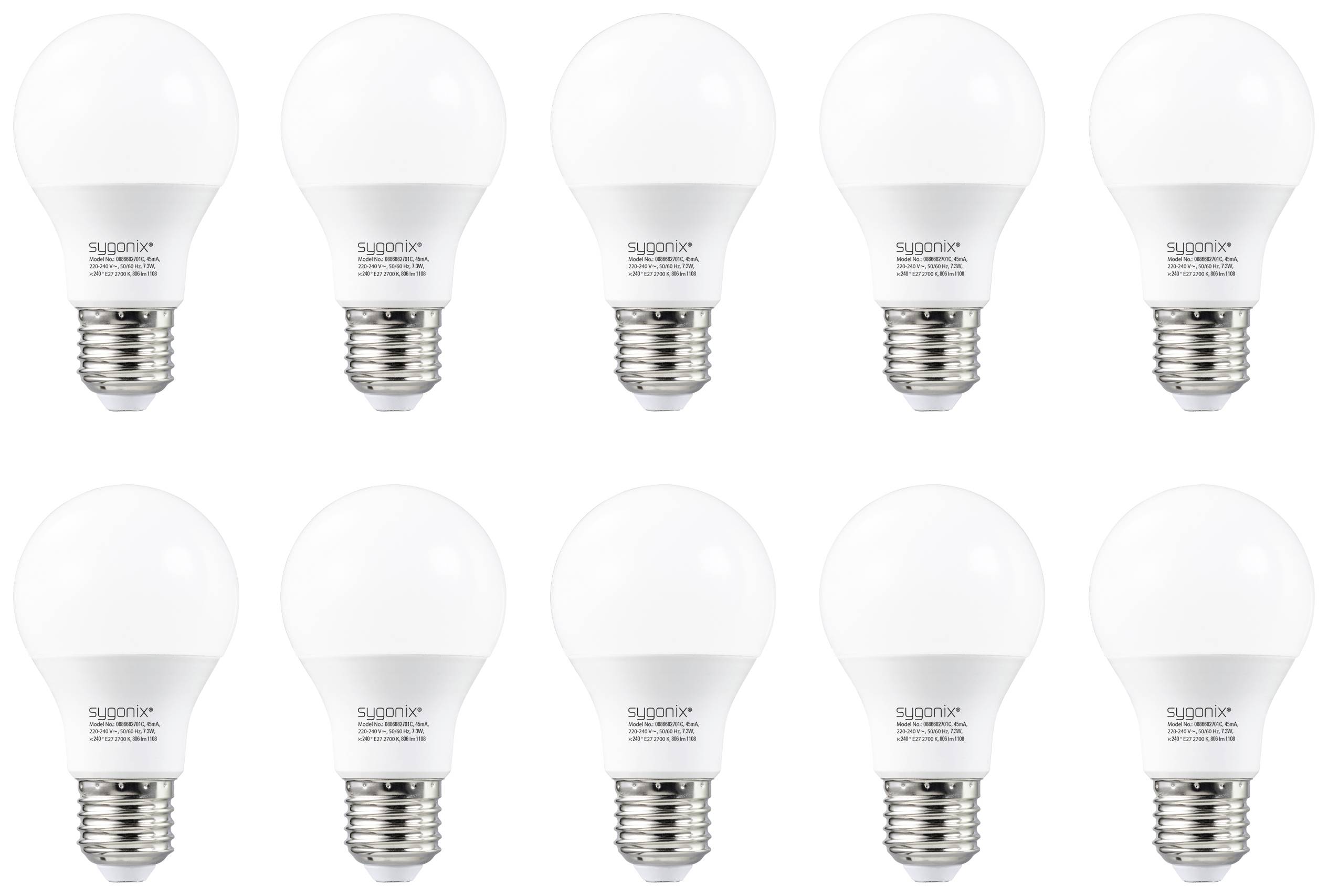 Zehn LED-Glühbirnen in zwei Reihen angeordnet. Jede Birne hat eine E27-Fassung und eine matte Oberfläche.