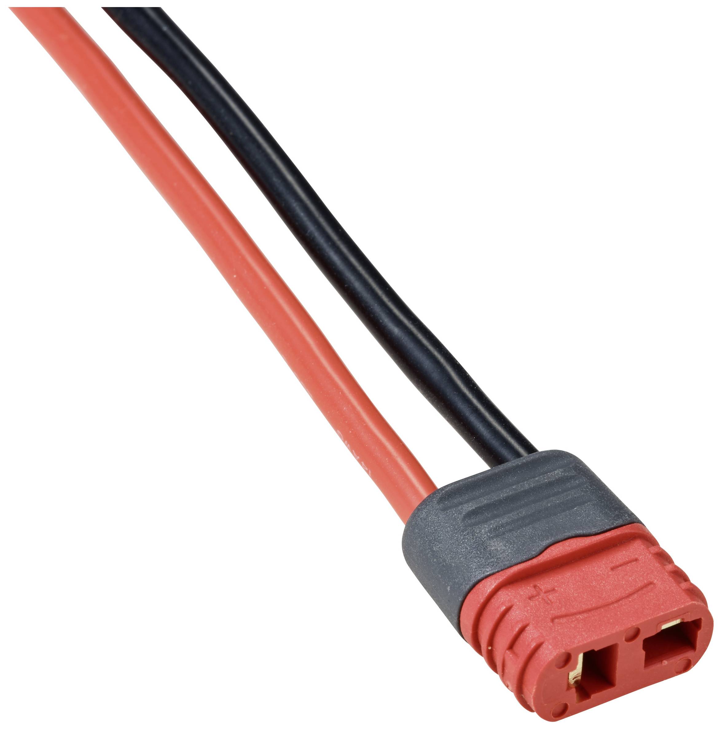 Ein rot-schwarzes Kabel mit einem Stecker, der zwei Anschlüsse aufweist, die polungsabhängig sind. Geeignet für elektrische Verbindungen.