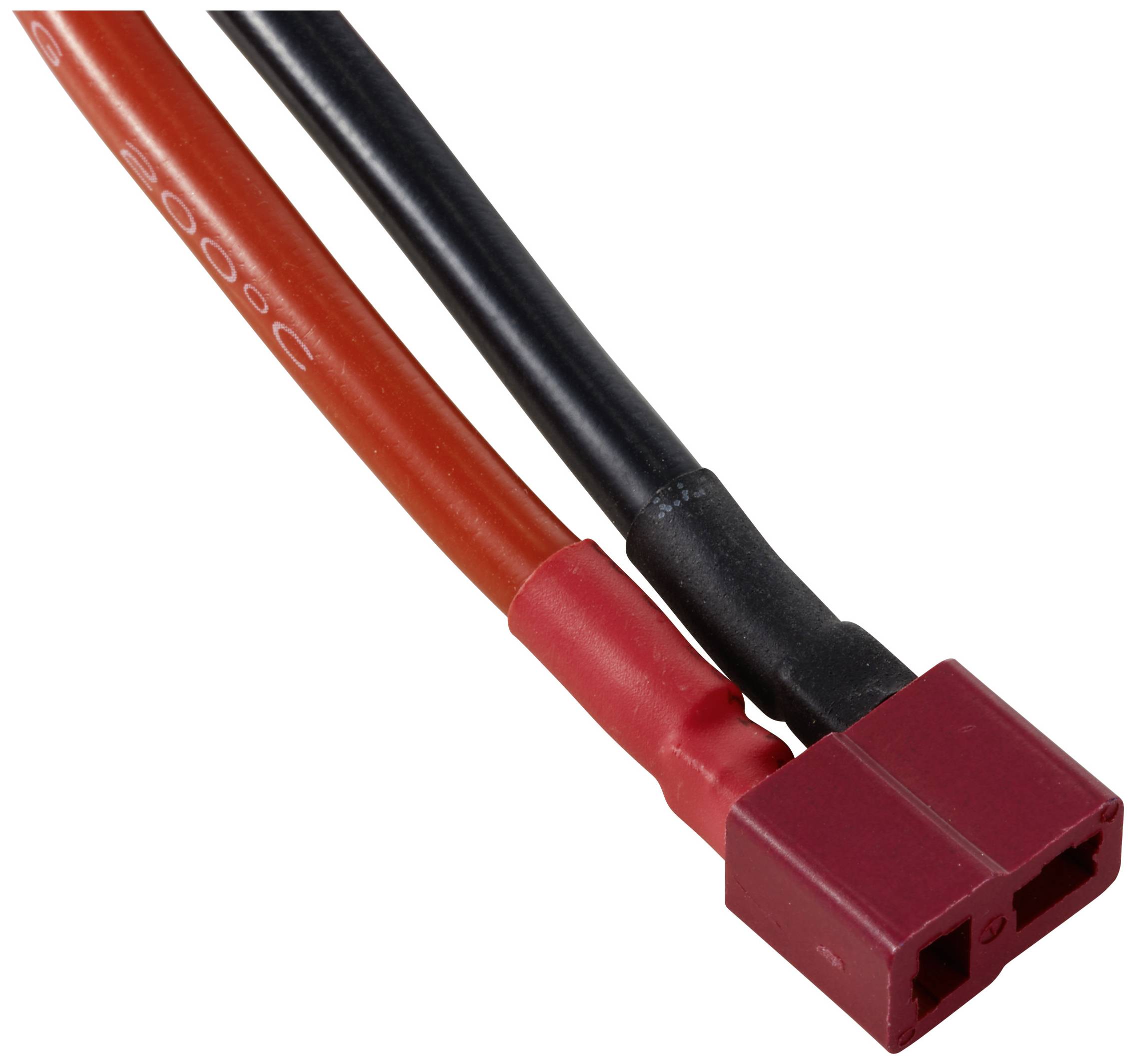 Rote und schwarze elektrische Kabel mit einem roten Steckverbinder.