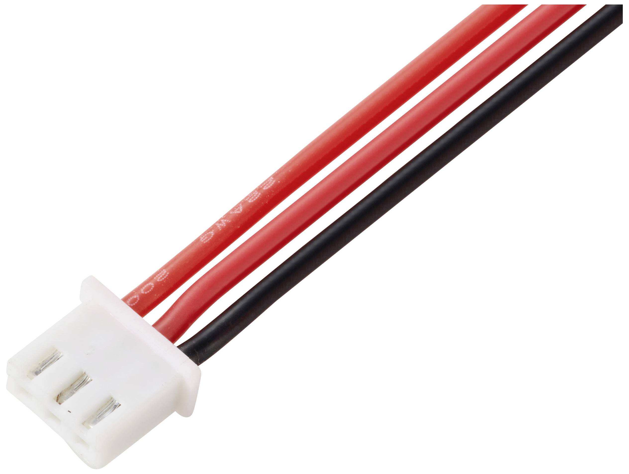 Ein weißer dreipoliger Stecker mit zwei roten und einem schwarzen Kabel.