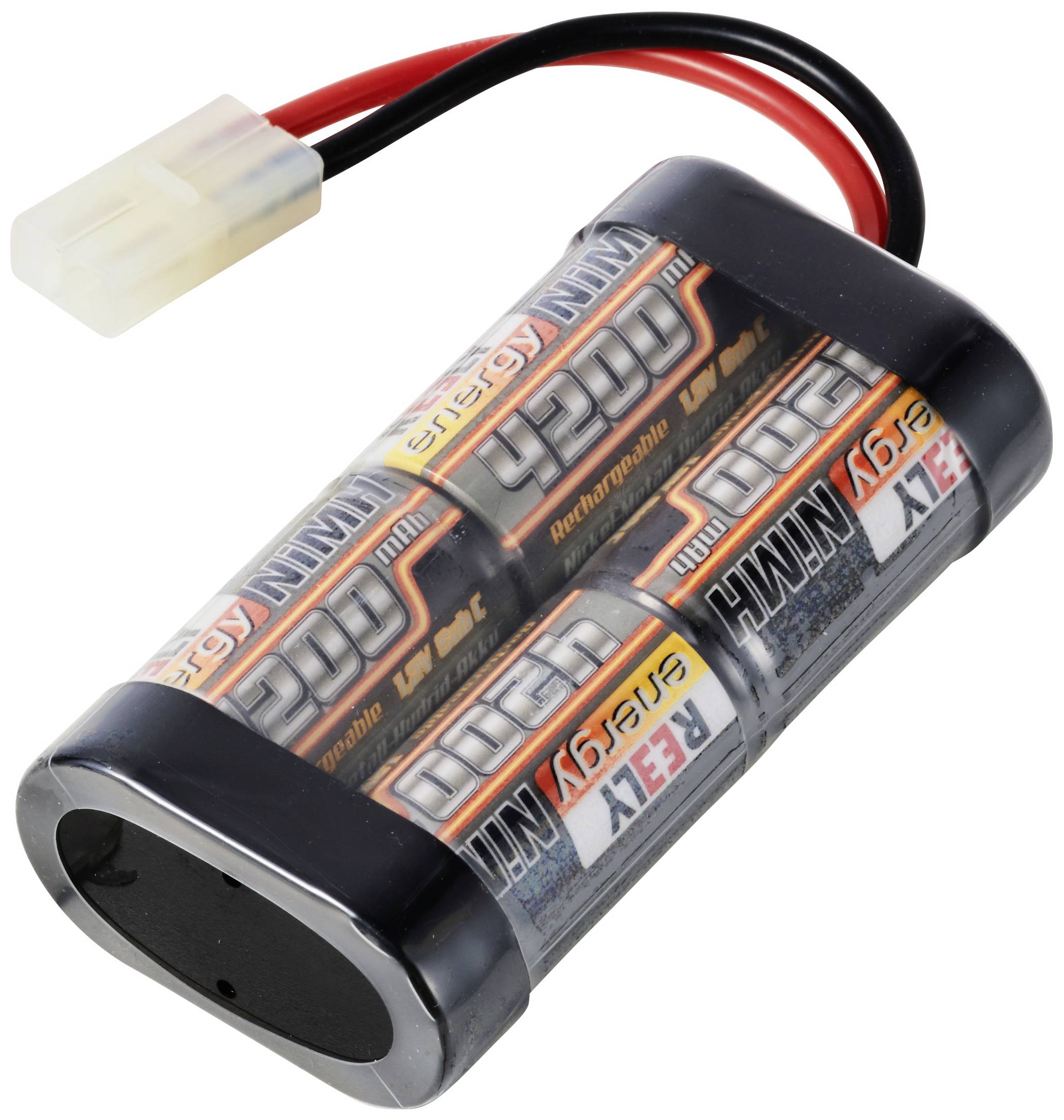 Ein wiederaufladbarer 9,6V NiMH-Akku mit vier aneinandergereihten Zellen. Rote und schwarze Kabel enden in einem weißen Stecker.