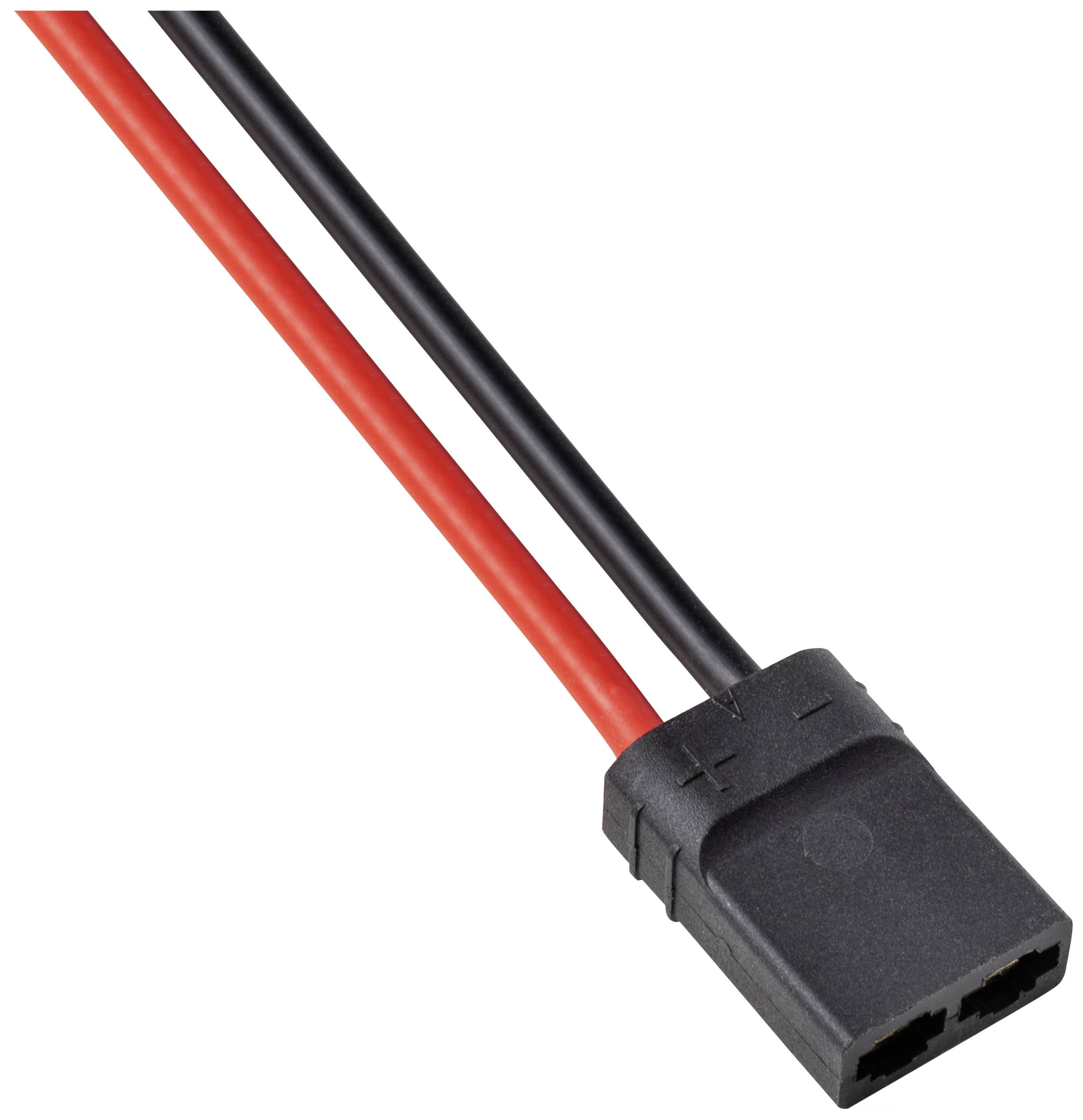Schwarzer und roter Kabelstecker mit zwei Kabeln, Markierungen '+' und '-' für korrekte Polarität.