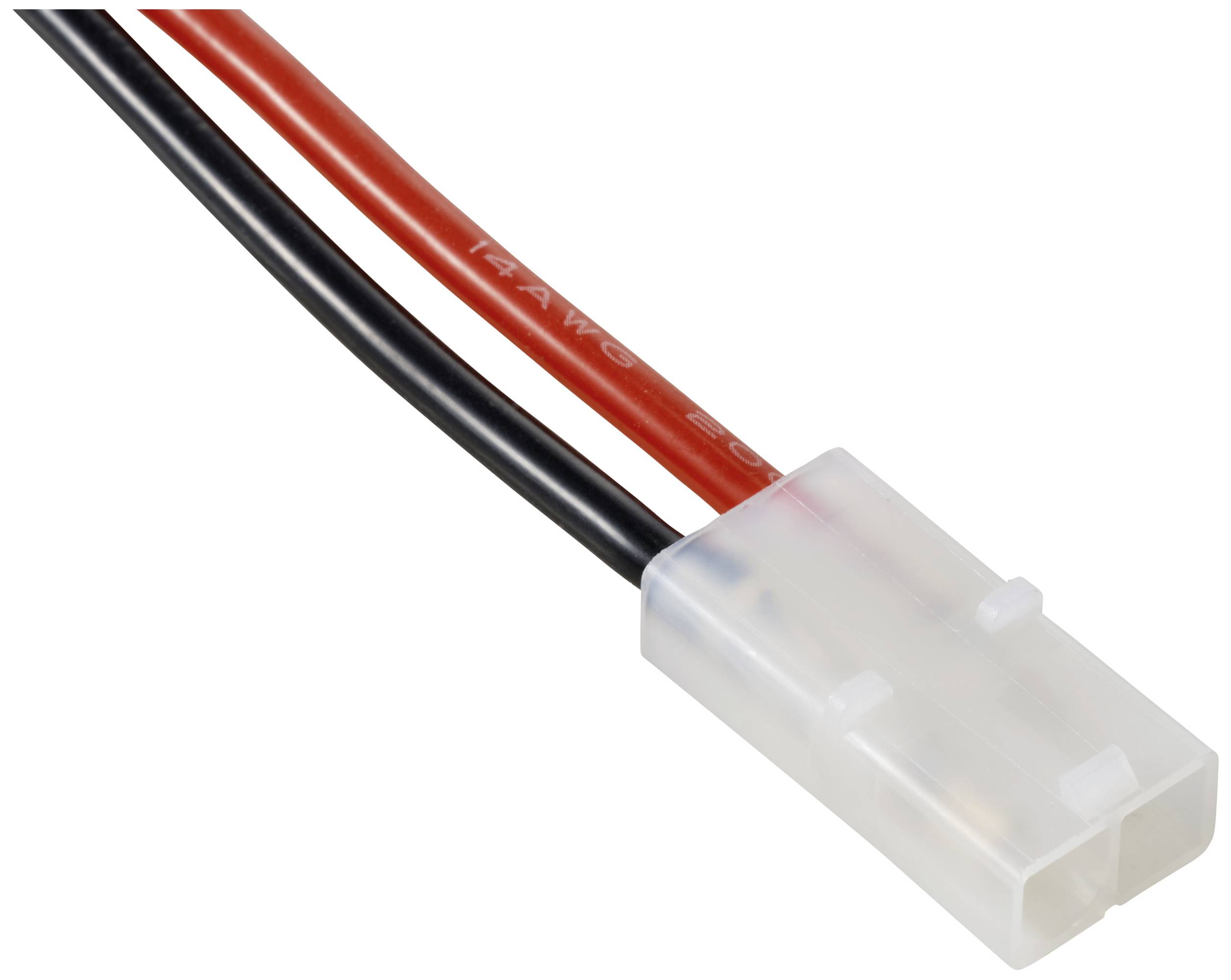 Ein Molex-Stecker mit schwarzem und rotem Kabel. Der Stecker wird häufig in PC-Netzteilen verwendet.