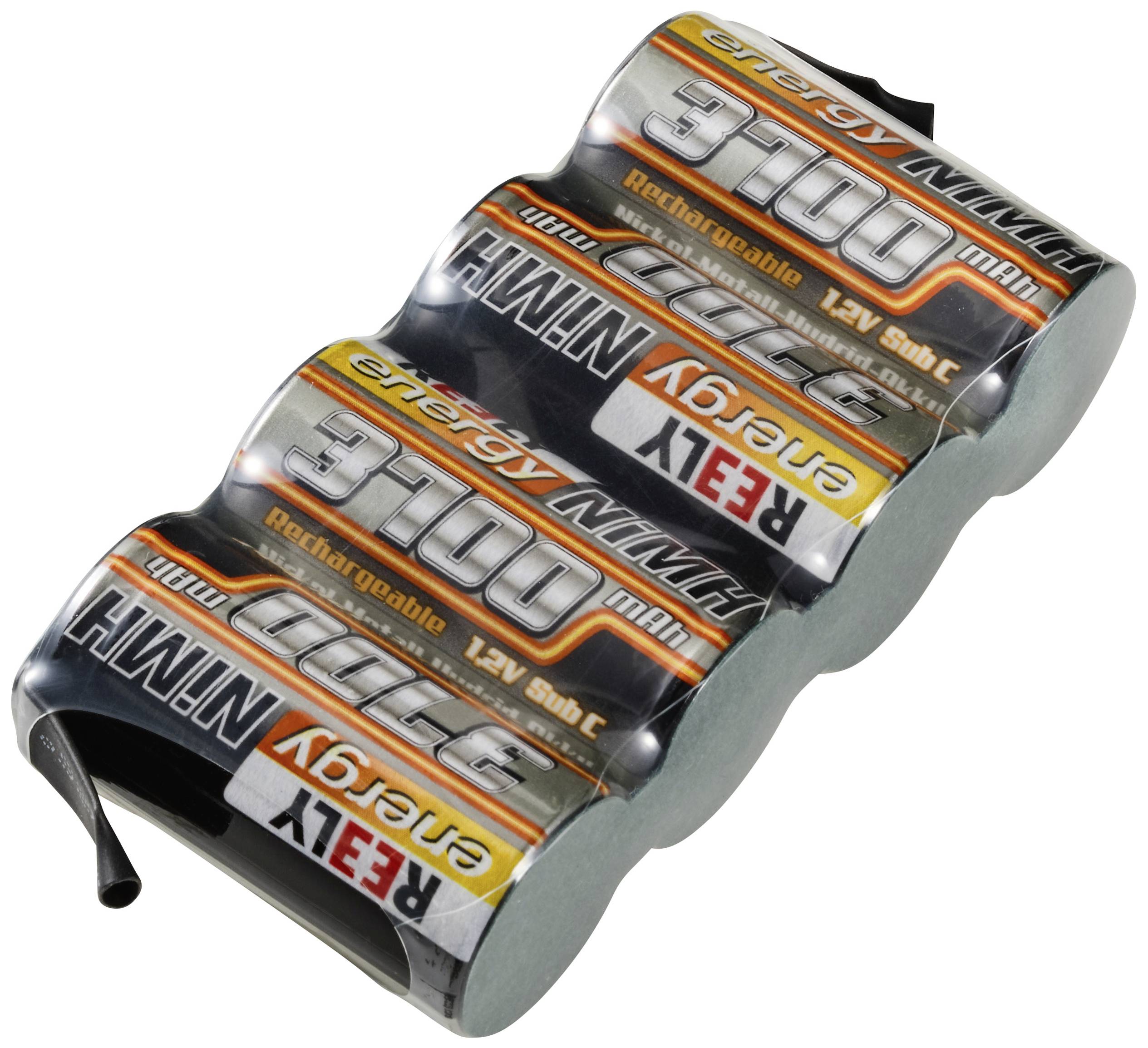 Ein 3er-Pack wiederaufladbare NiMH-Batterien, 1,2V, 3.100 mAh, gestapelt in einer Reihe, mit orange-silberner Beschriftung.